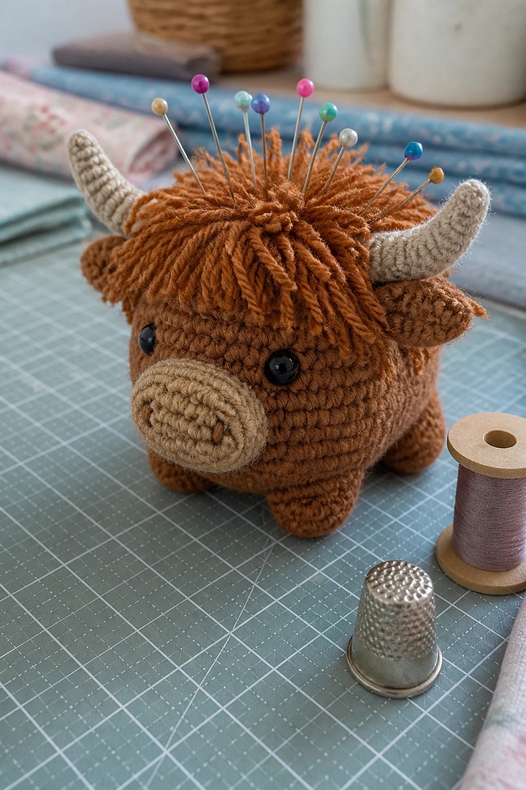 Brown crocheted Highland cow pincushion with colorful pins on green cutting mat