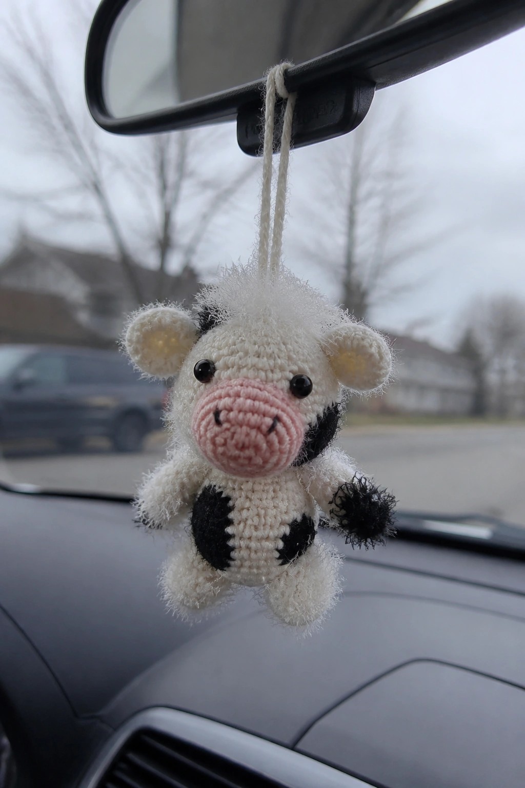 A small crocheted black-and-white cow with shaggy yarn details hangs from a string on a car's rearview mirror.