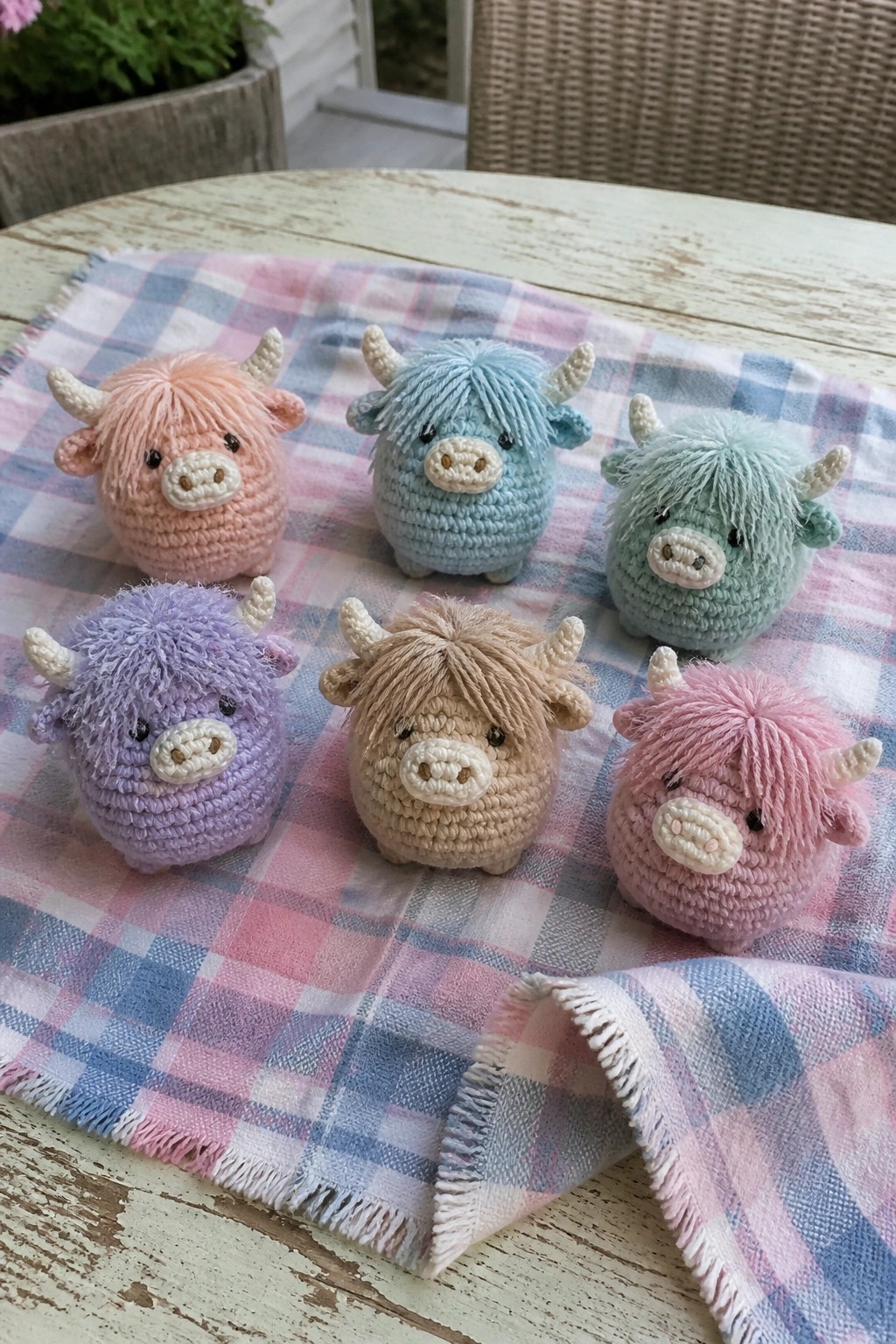 Six colorful crocheted Highland cows on pink-blue plaid cloth atop wooden table.