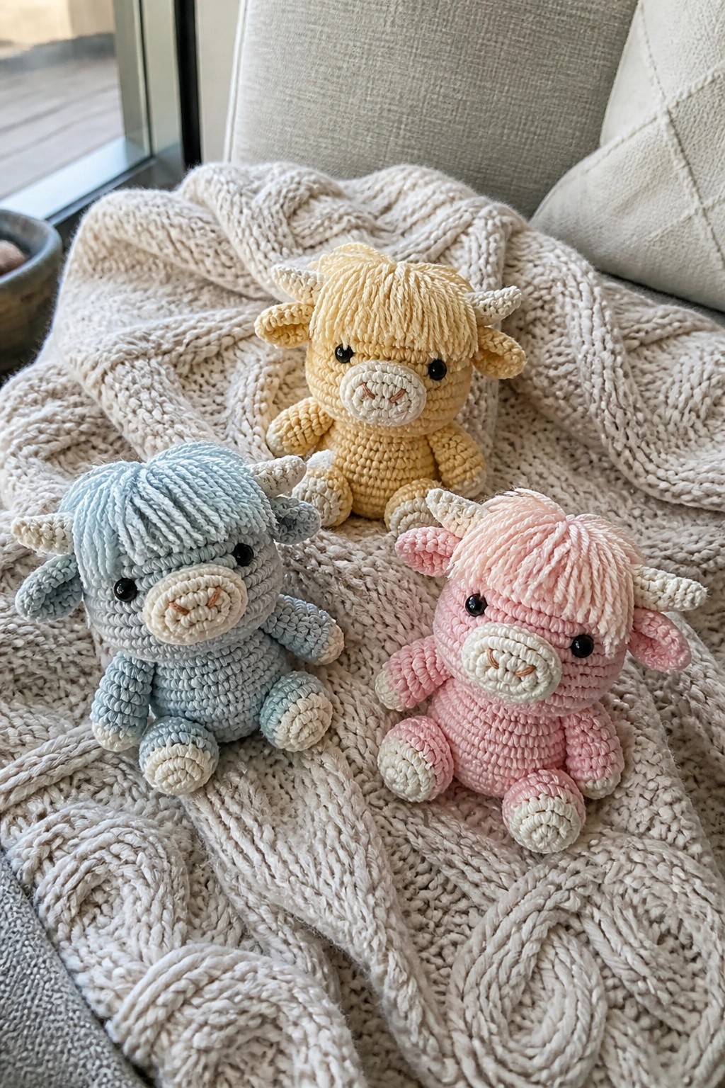 Three crocheted Highland cows in yellow, blue, and pink sit on a white blanket.