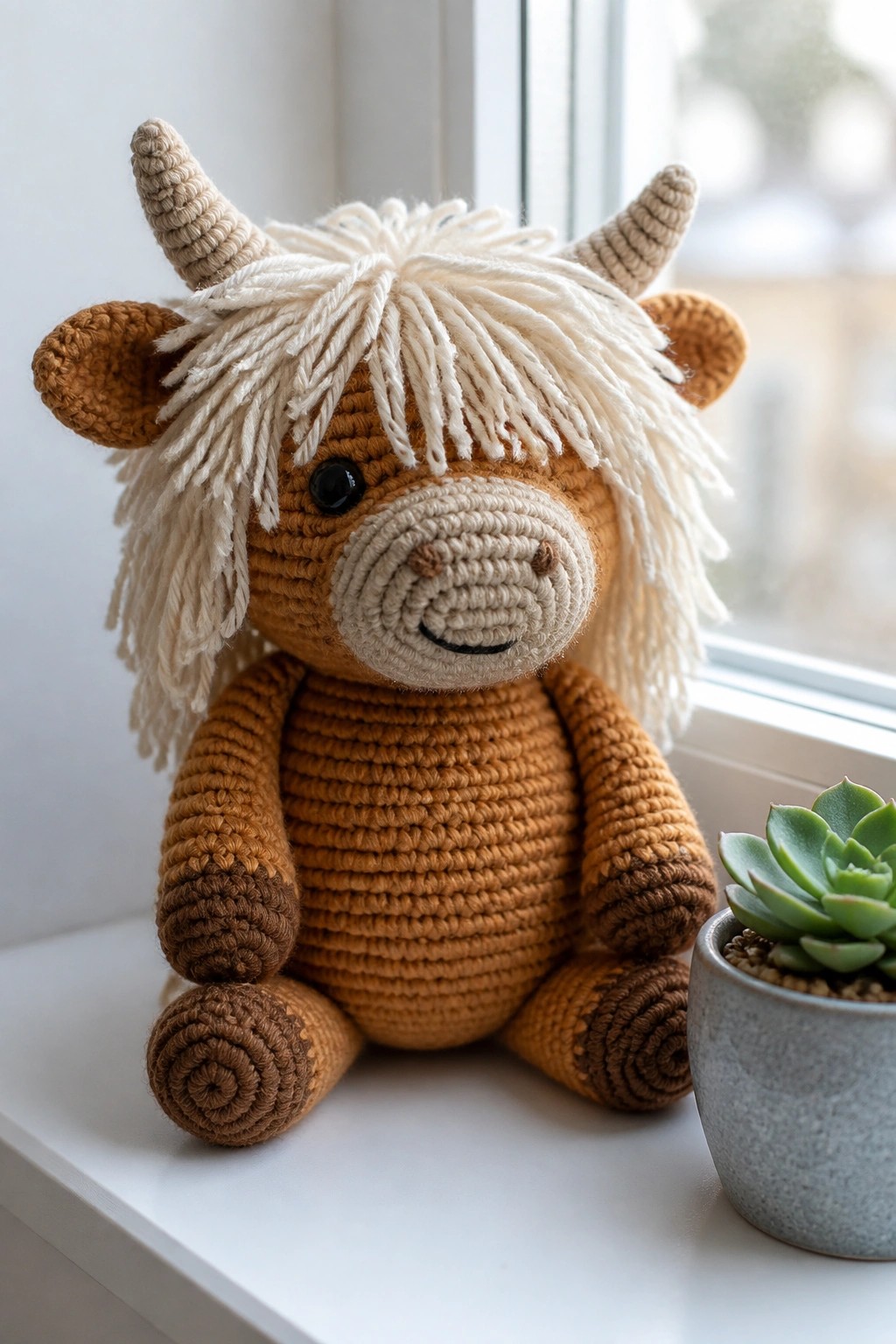 Crocheted brown highland cow with white shaggy mane beside potted succulent.