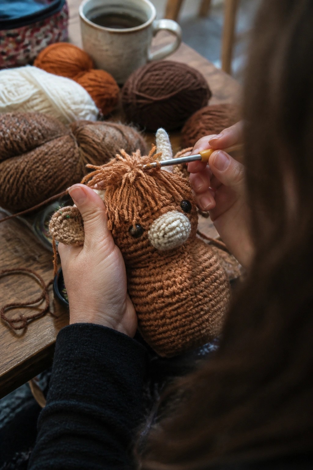 Hands crocheting shaggy brown highland cow amigurumi amid yarn balls on wooden table.