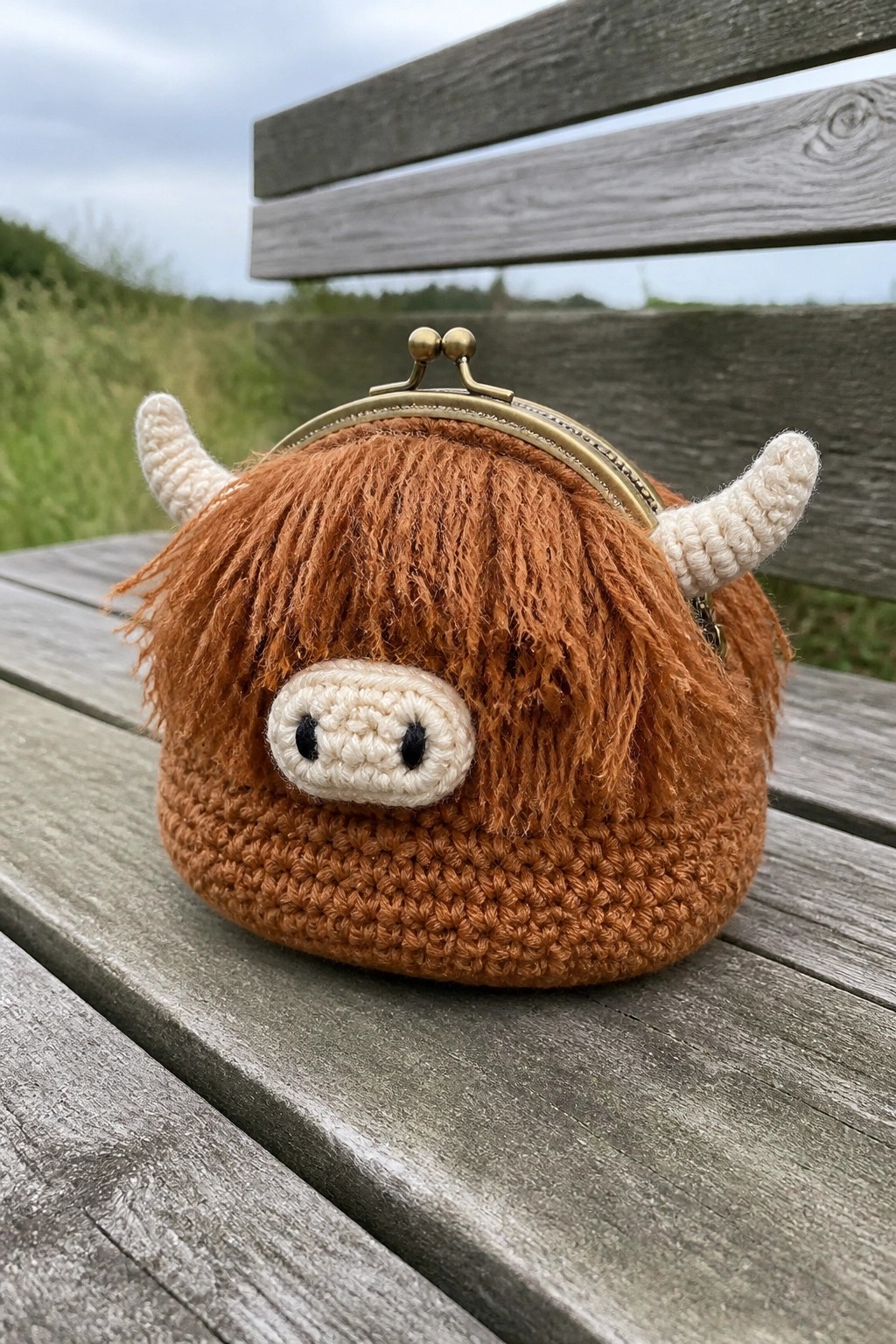 Brown crocheted Highland cow coin purse with horns on wooden bench.