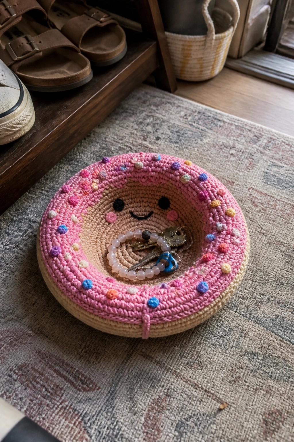 Pink crocheted donut bowl with smiling face holding keys on patterned rug