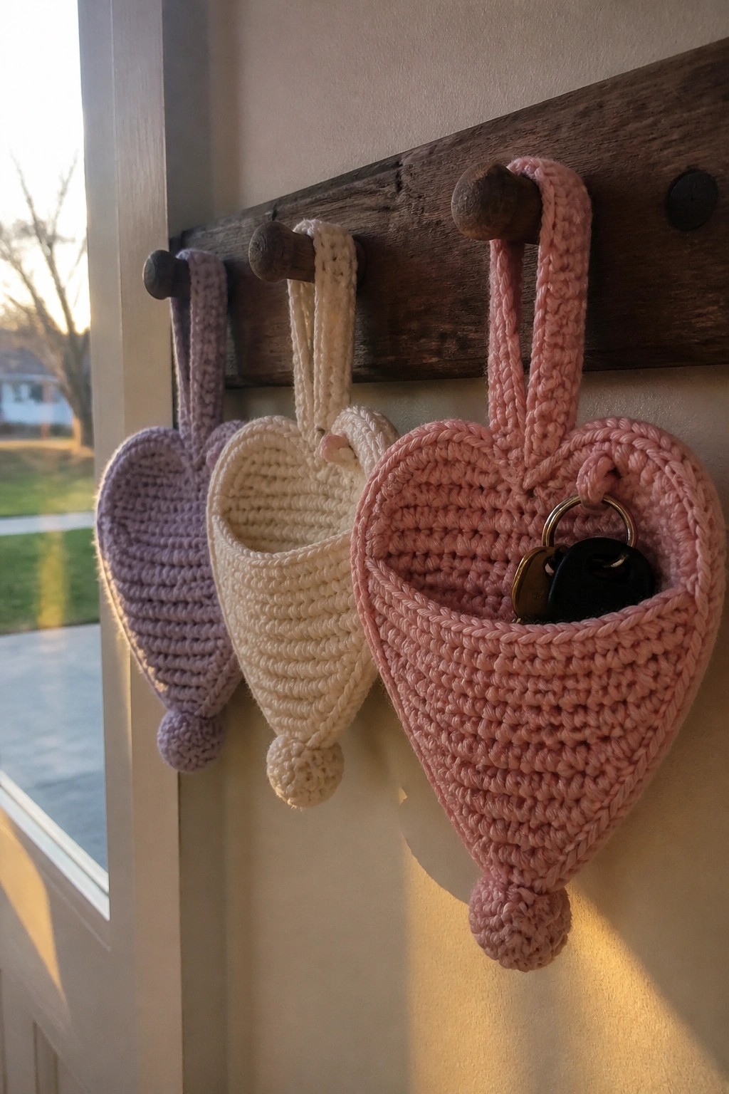 Three crocheted heart pouches in lavender, cream, and pink hang on wooden pegs with keys inside.
