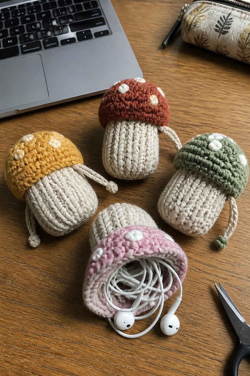 Four colorful crocheted mushroom pouches on wood, pink one holding earbuds