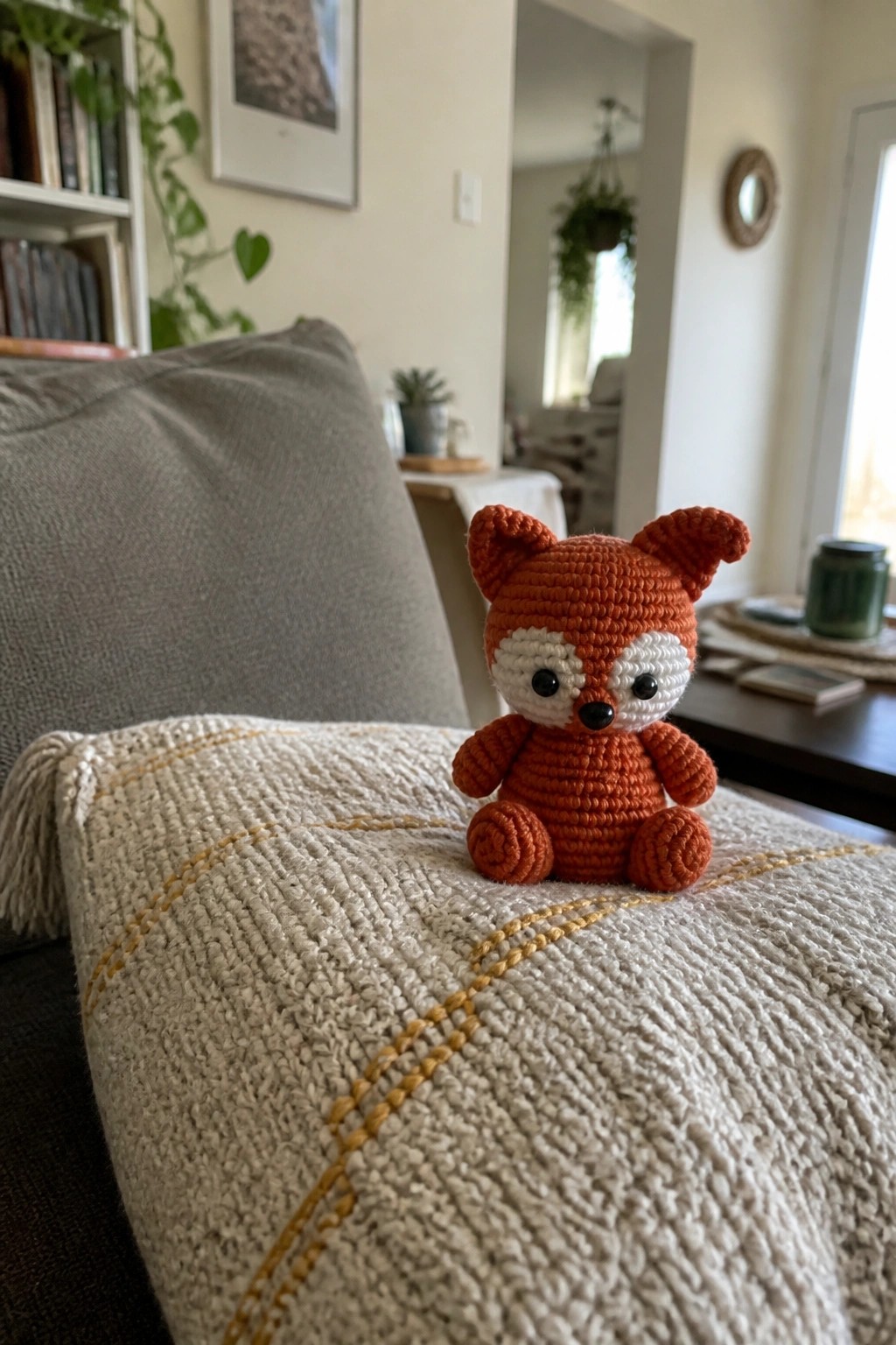 Crocheted orange fox with white face sits on a fringed woven blanket.