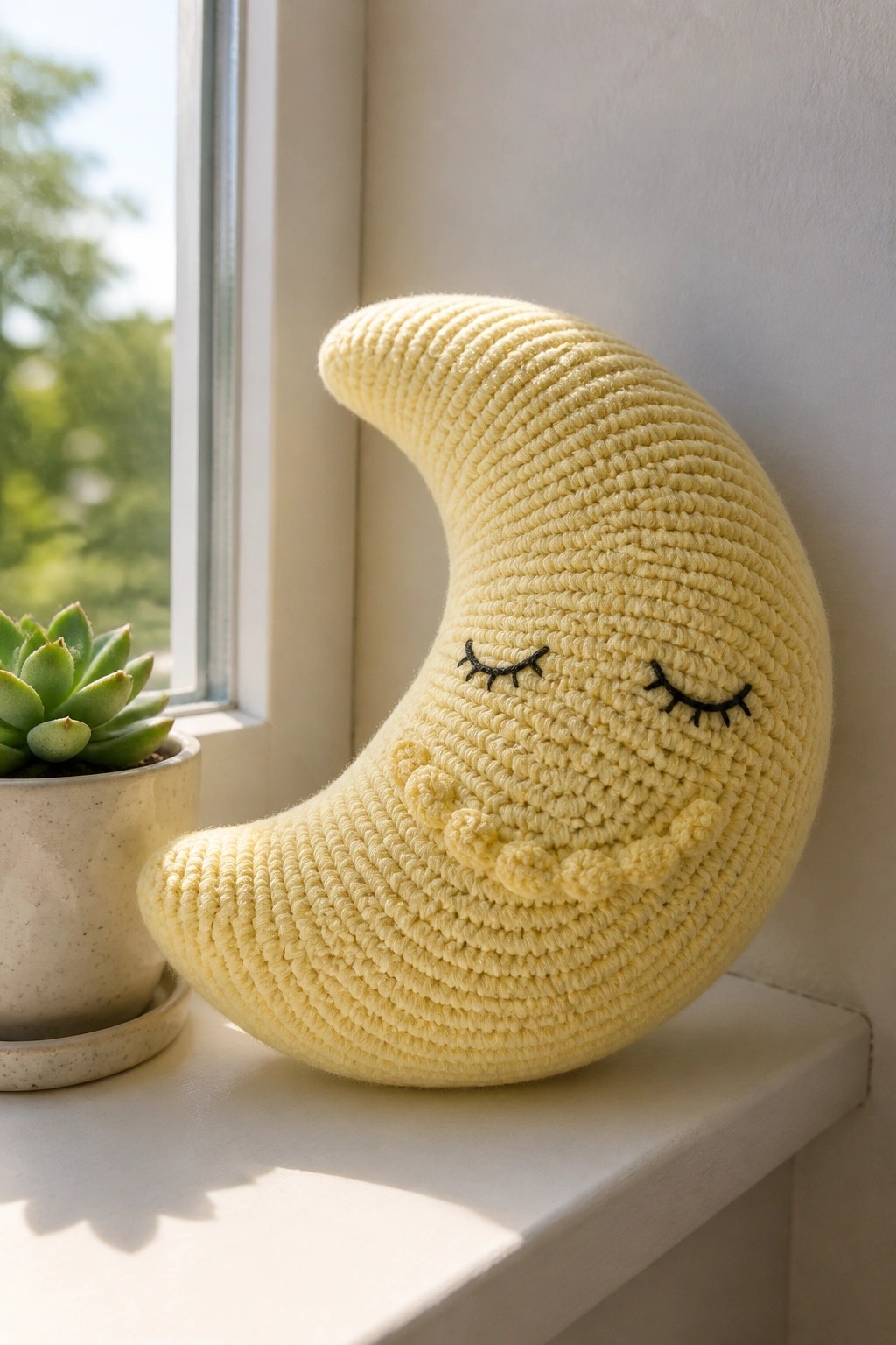 Yellow crocheted crescent moon with sleepy face beside potted succulent on windowsill