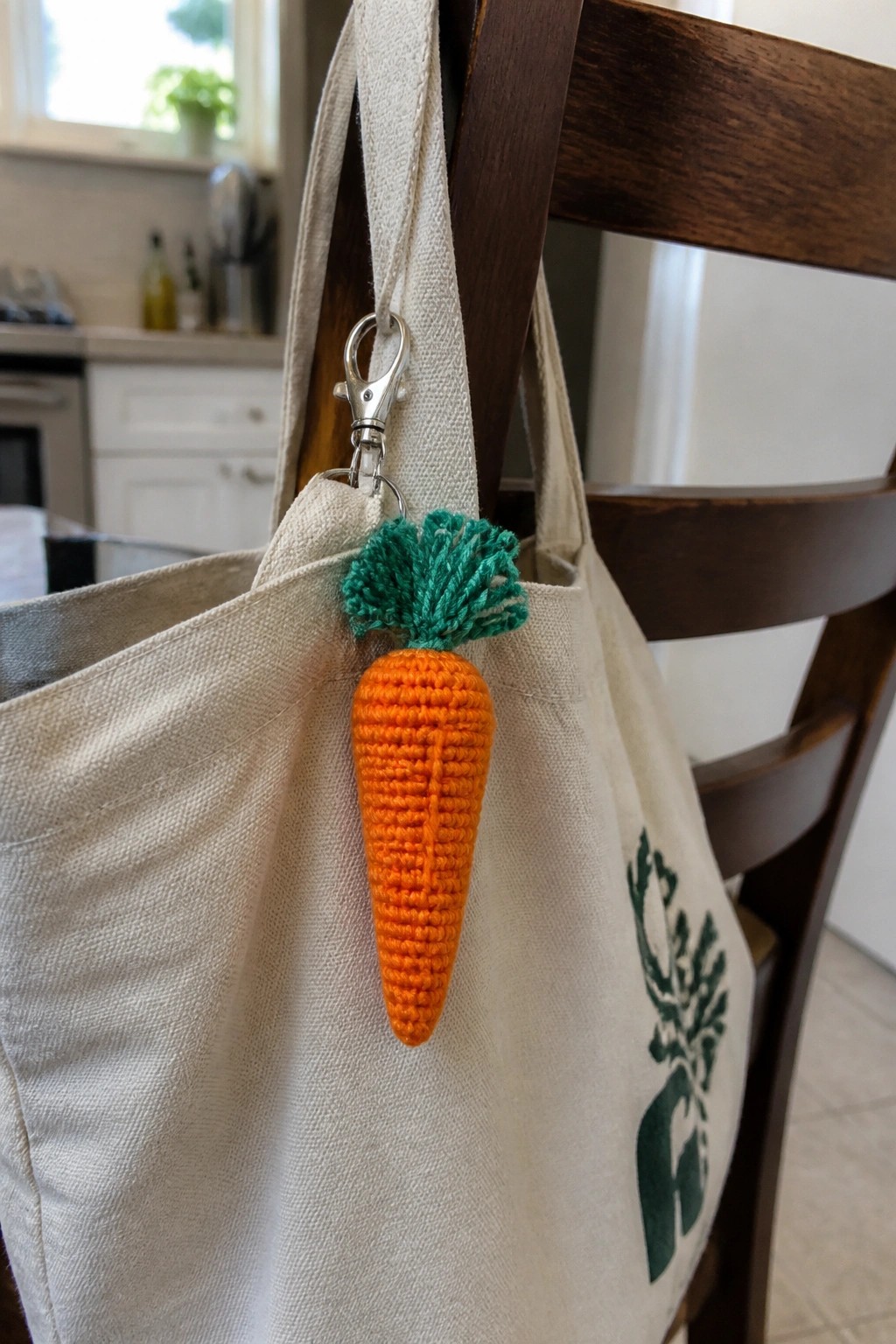 A small orange crocheted carrot with a green top attached by a metal clip to a canvas tote bag.