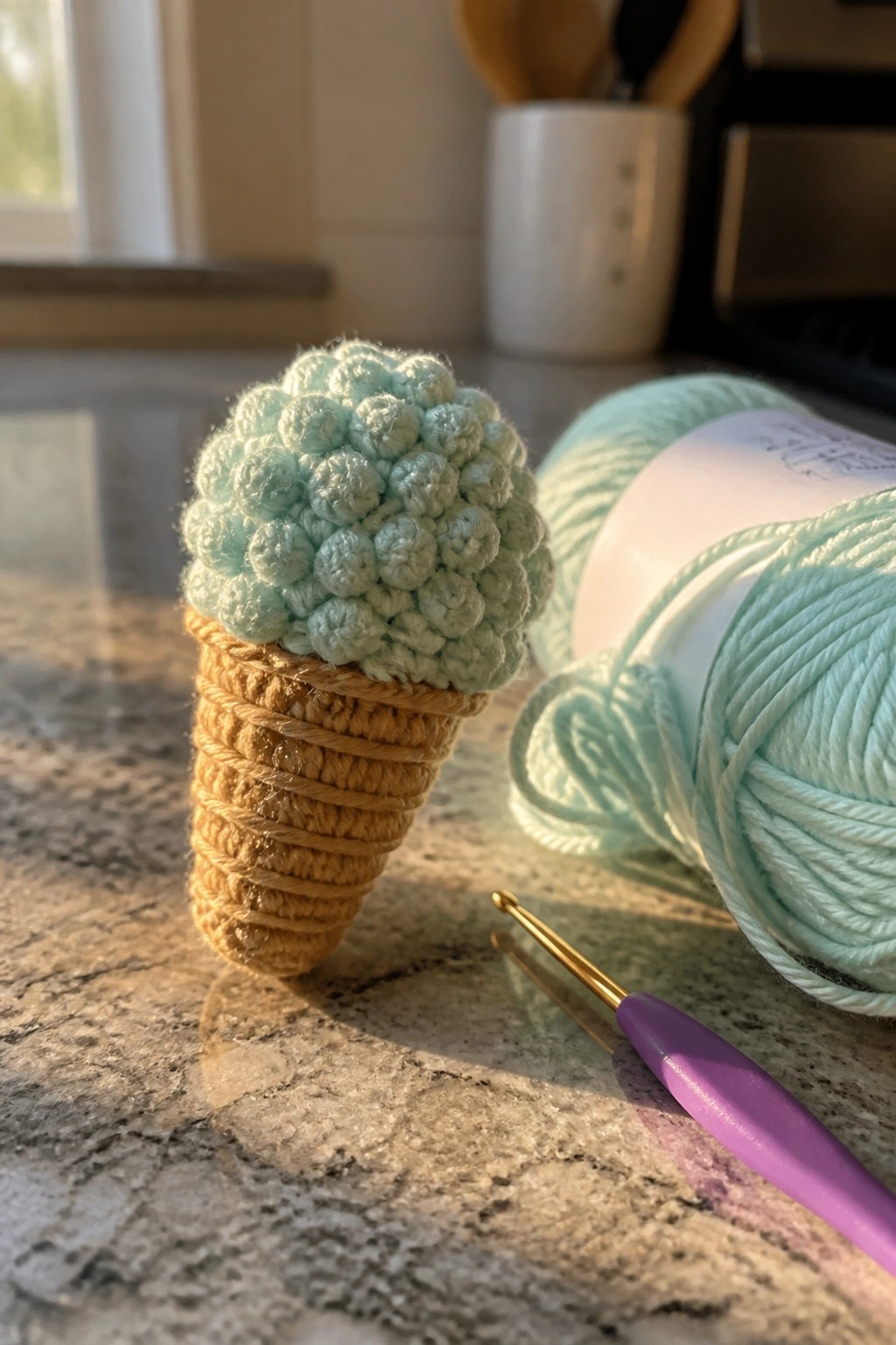 Crocheted mint green ice cream cone beside yarn skein and purple crochet hook on countertop.