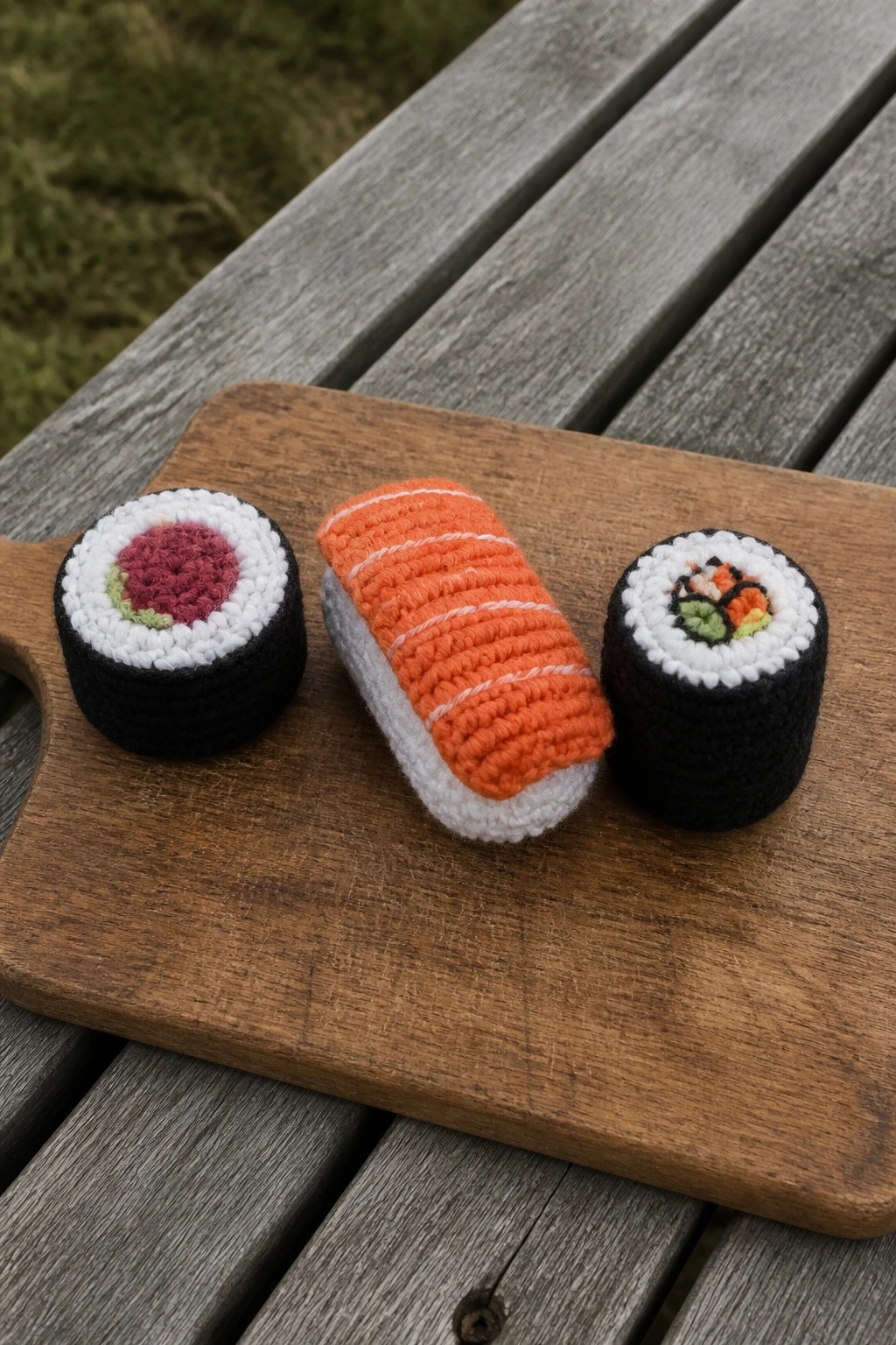 Three crocheted sushi pieces on a wooden cutting board atop a gray bench.