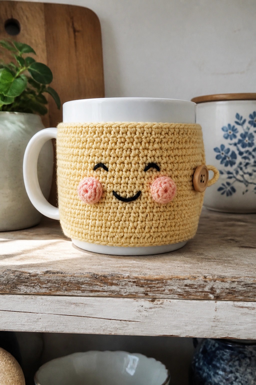 Yellow crocheted cozy with smiling face and pink cheeks on white mug.