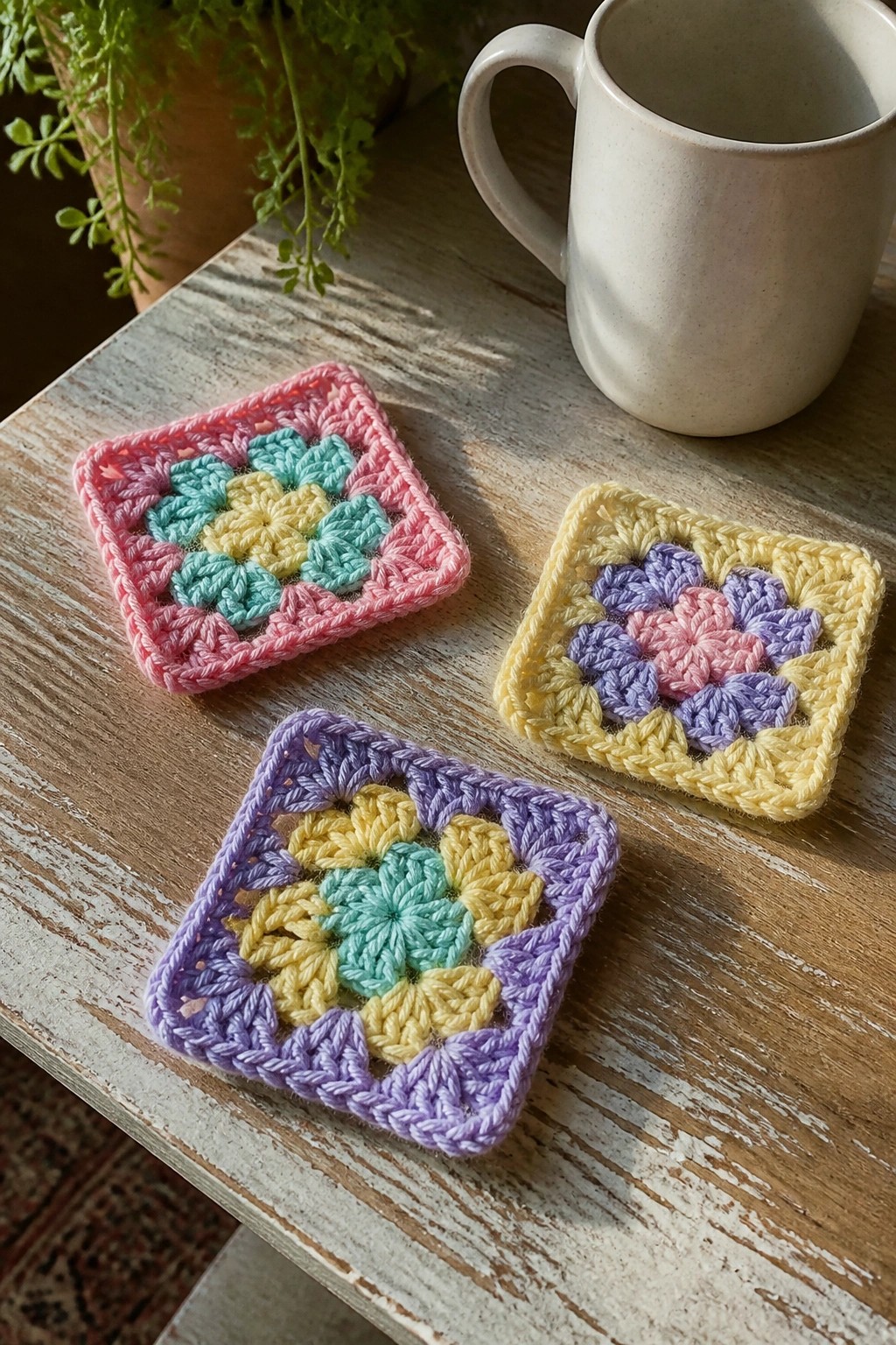 Three pastel crocheted granny squares beside a white mug on wood