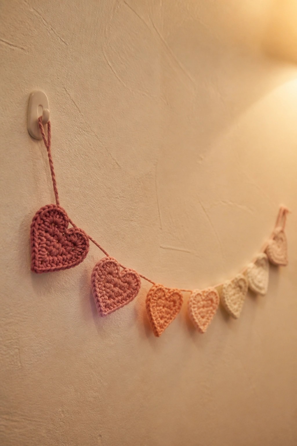 Crocheted hearts in pink and peach shades strung along a textured wall.