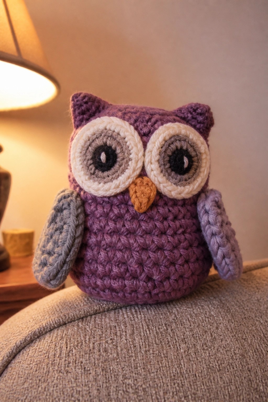 Crocheted purple owl plush with large eyes on beige textured fabric near lamp