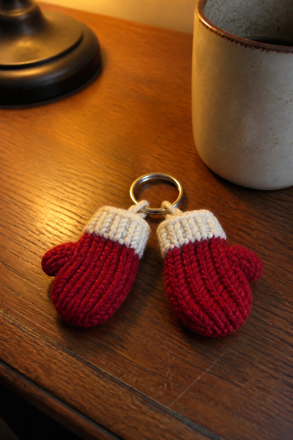 Two red-and-white knitted mittens on a keyring atop a wooden table.
