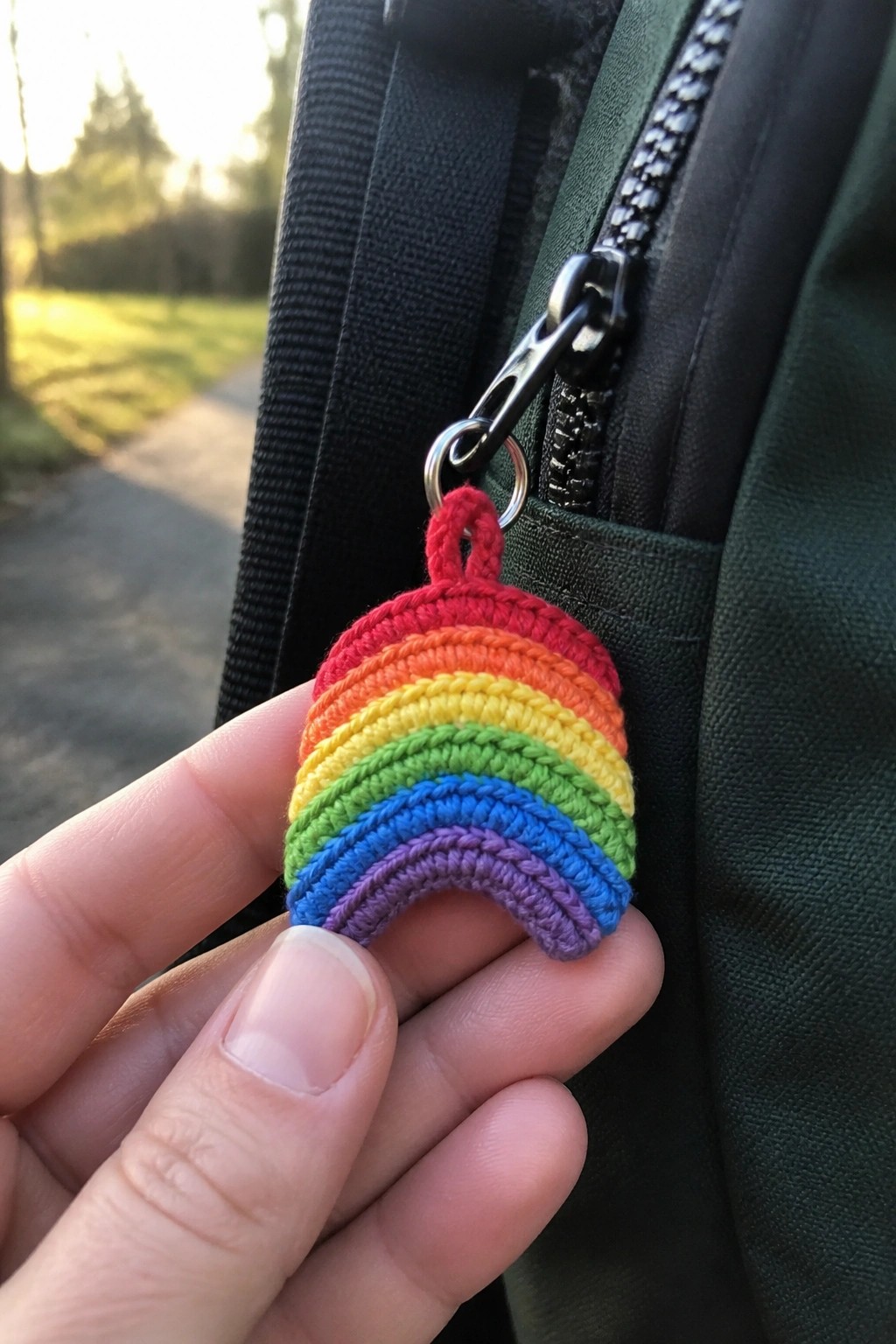 Hand holds crocheted rainbow keychain on green backpack zipper