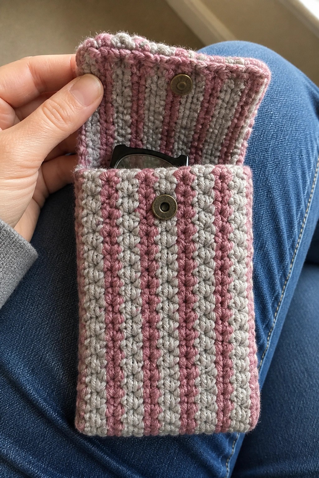 Hand holding pink-gray striped crocheted pouch with button and glasses inside.