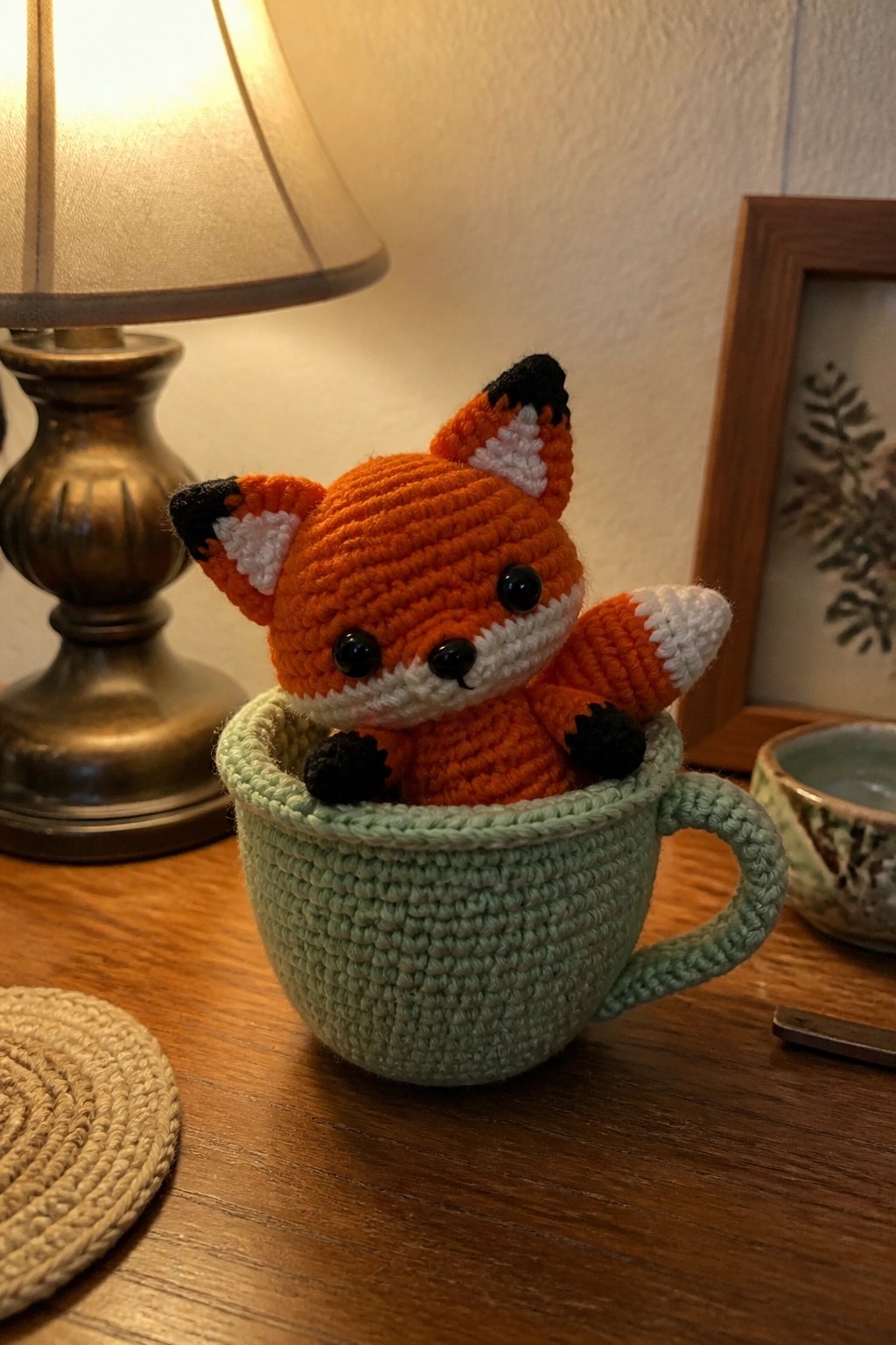 Crocheted orange fox inside light green knitted mug on wooden table