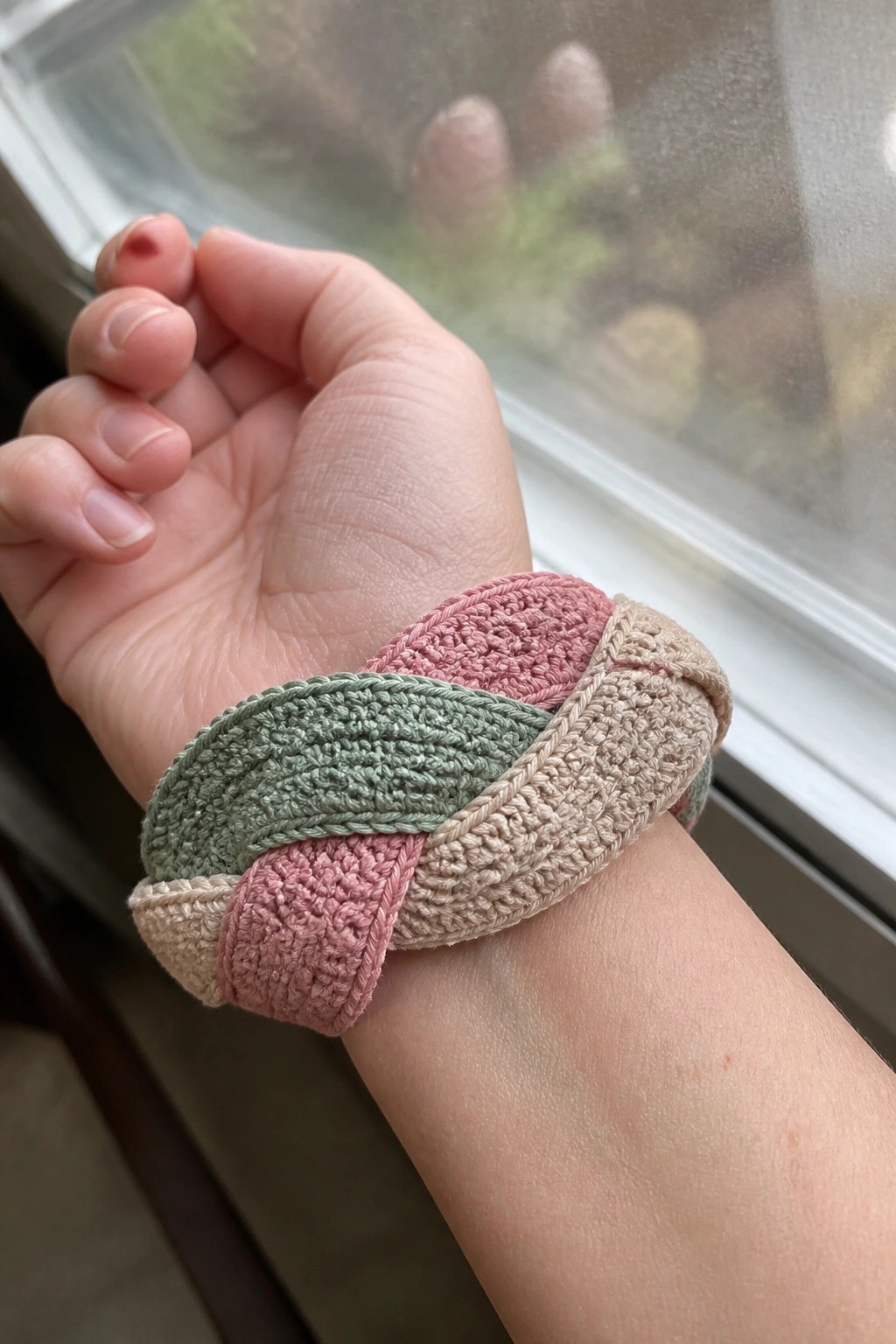 Wrist with braided crocheted bracelet in pink, green, and beige.