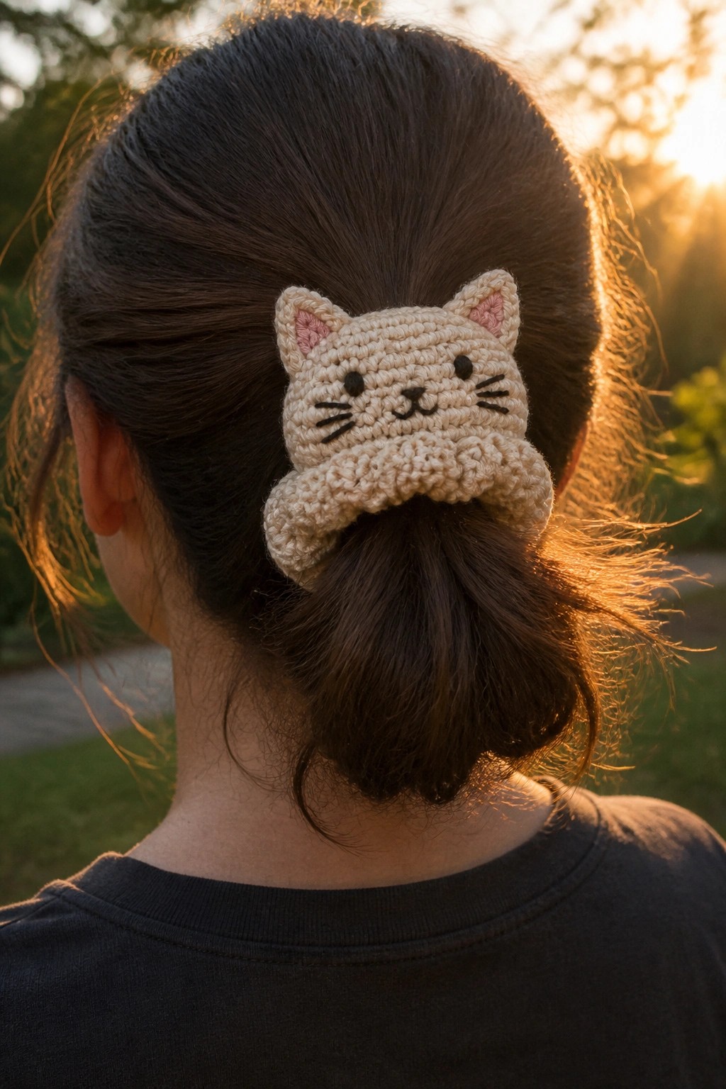Back view of dark ponytail with beige crocheted cat scrunchie at sunset