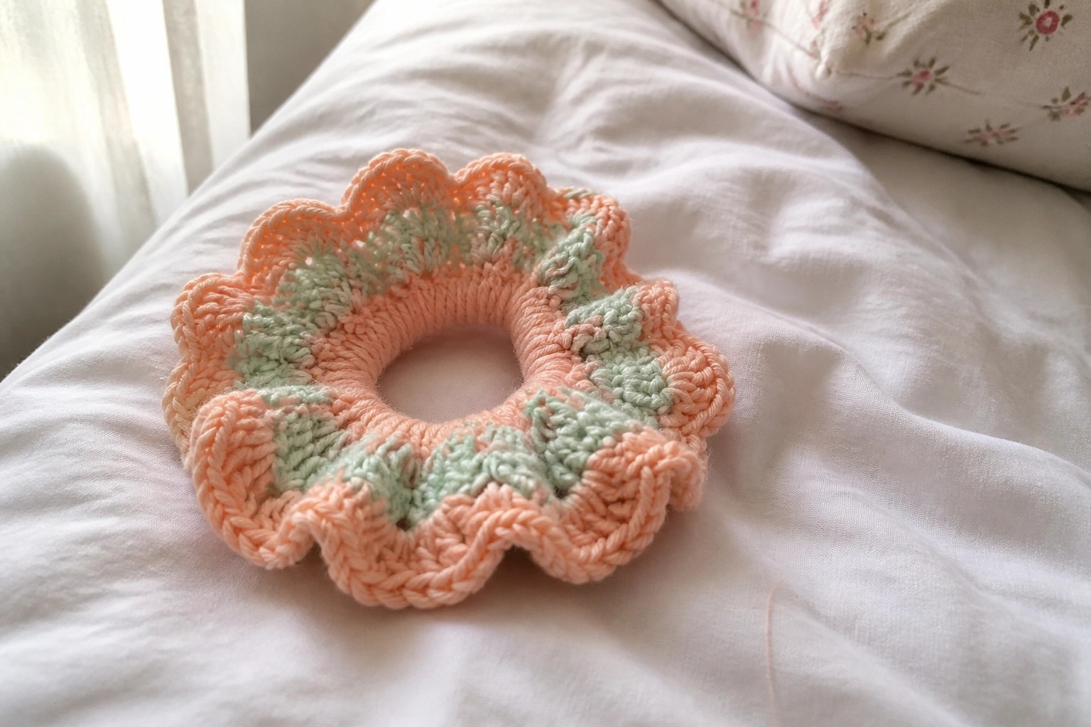 Pastel crocheted scrunchie in peach and mint rests on white bedding.
