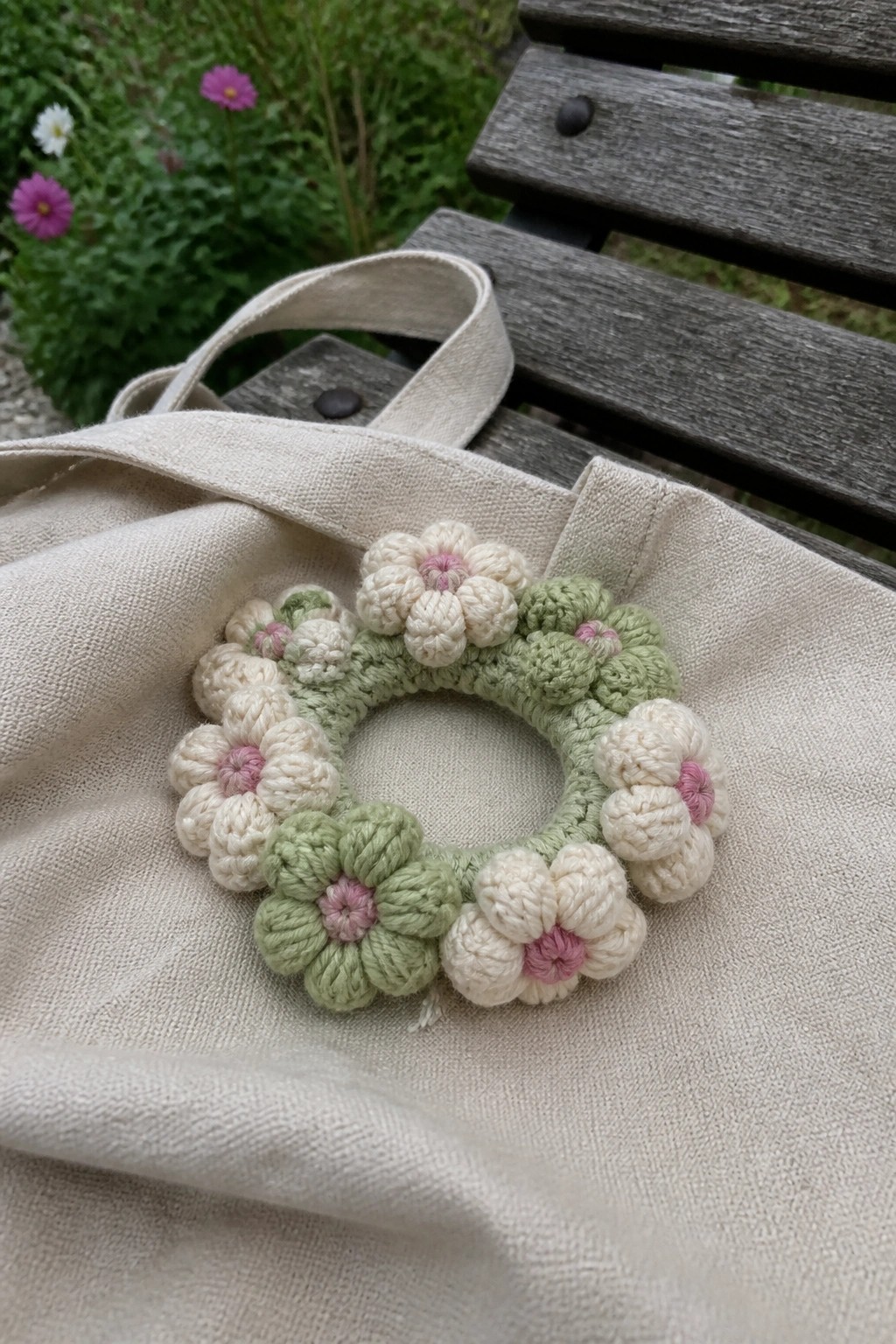 Crocheted floral wreath in cream, green, and pink on beige canvas tote bag