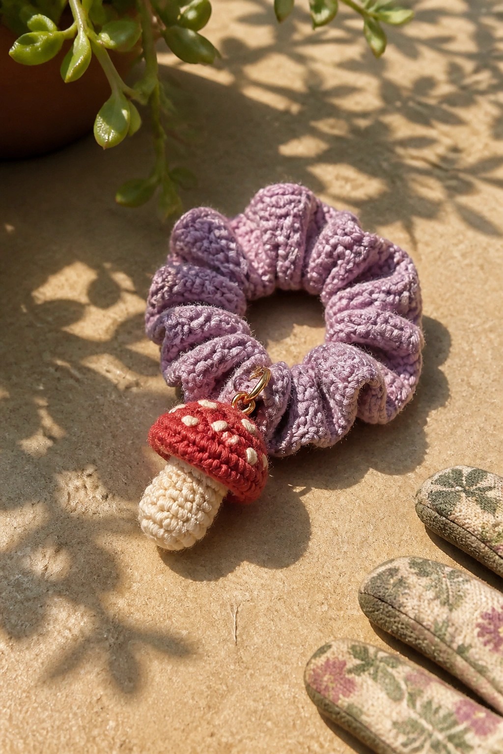 Purple crocheted scrunchie with red mushroom charm on sunlit stone surface