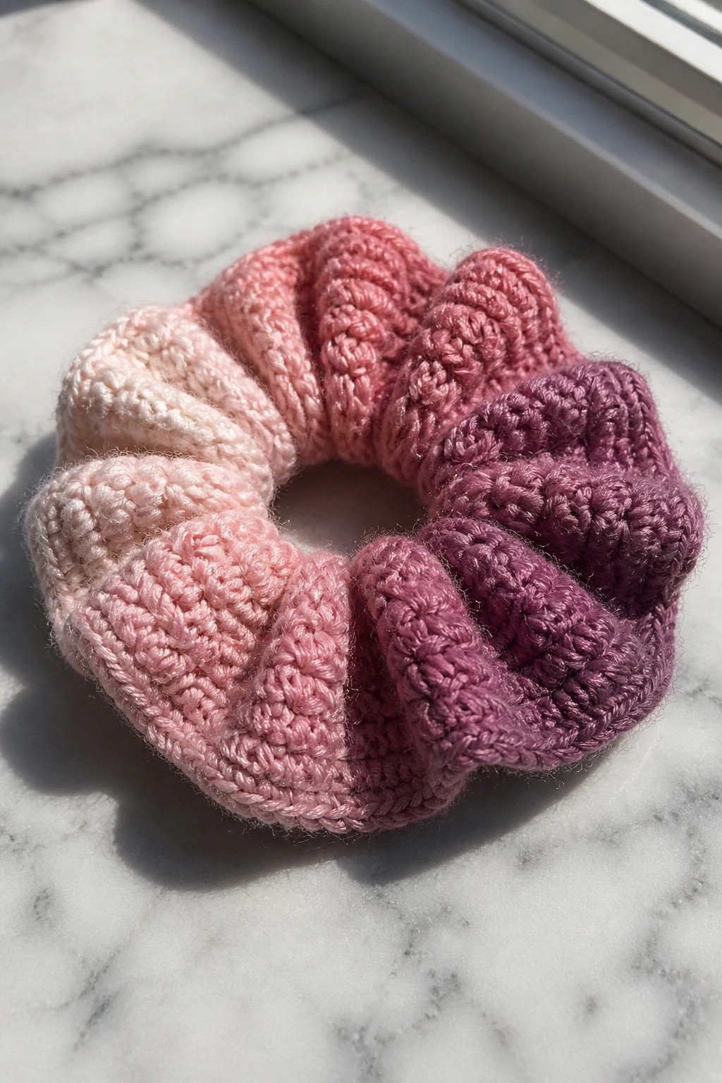 Ombre pink-purple crocheted scrunchie on sunlit white marble surface