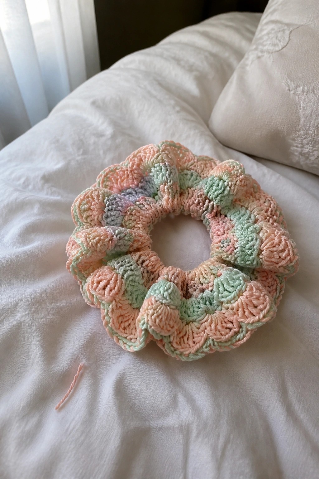 Pastel crocheted scrunchie in peach and mint rests on white bedding.