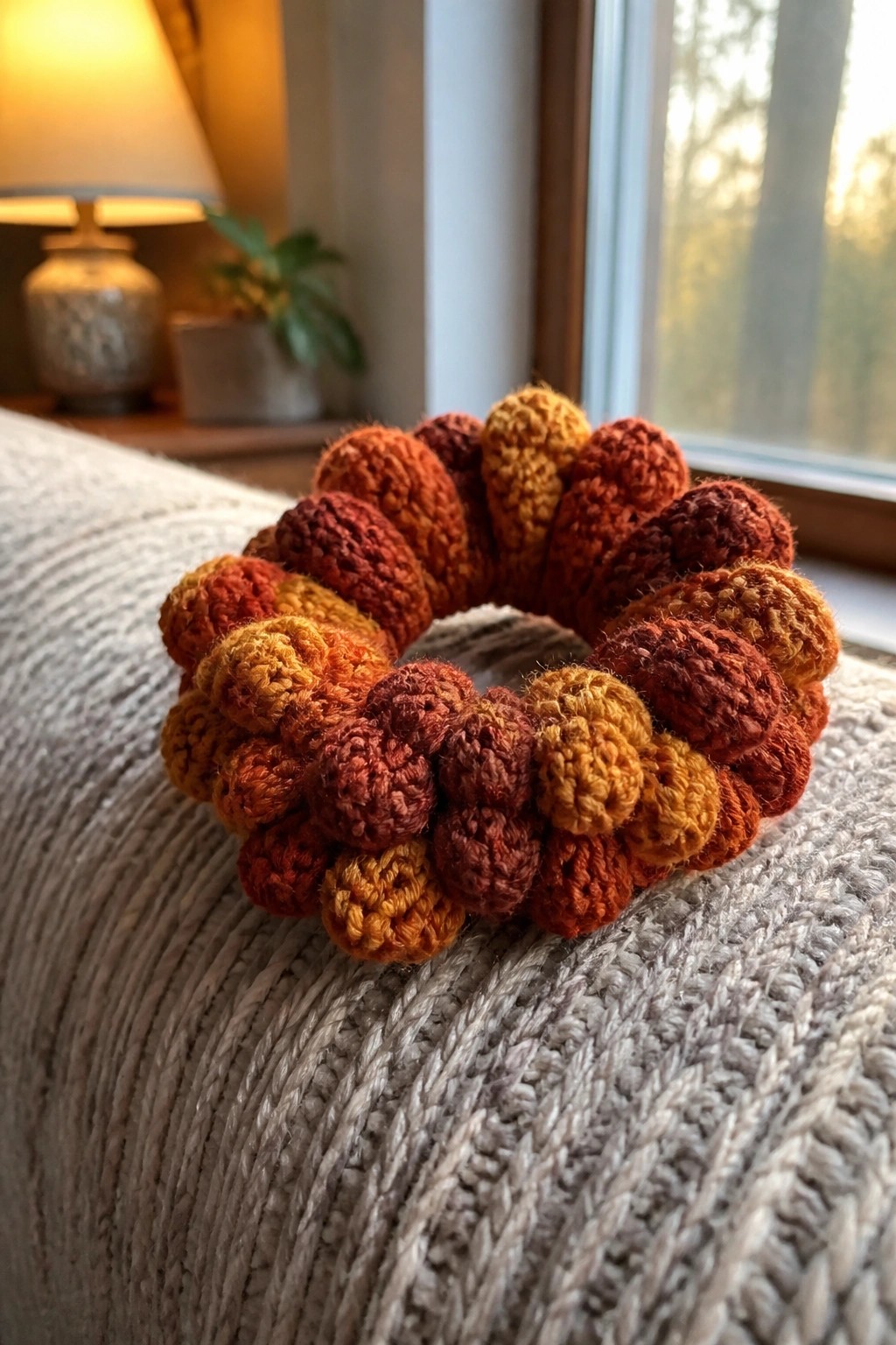 Crocheted scrunchie in red, orange, and yellow yarns on gray knit fabric