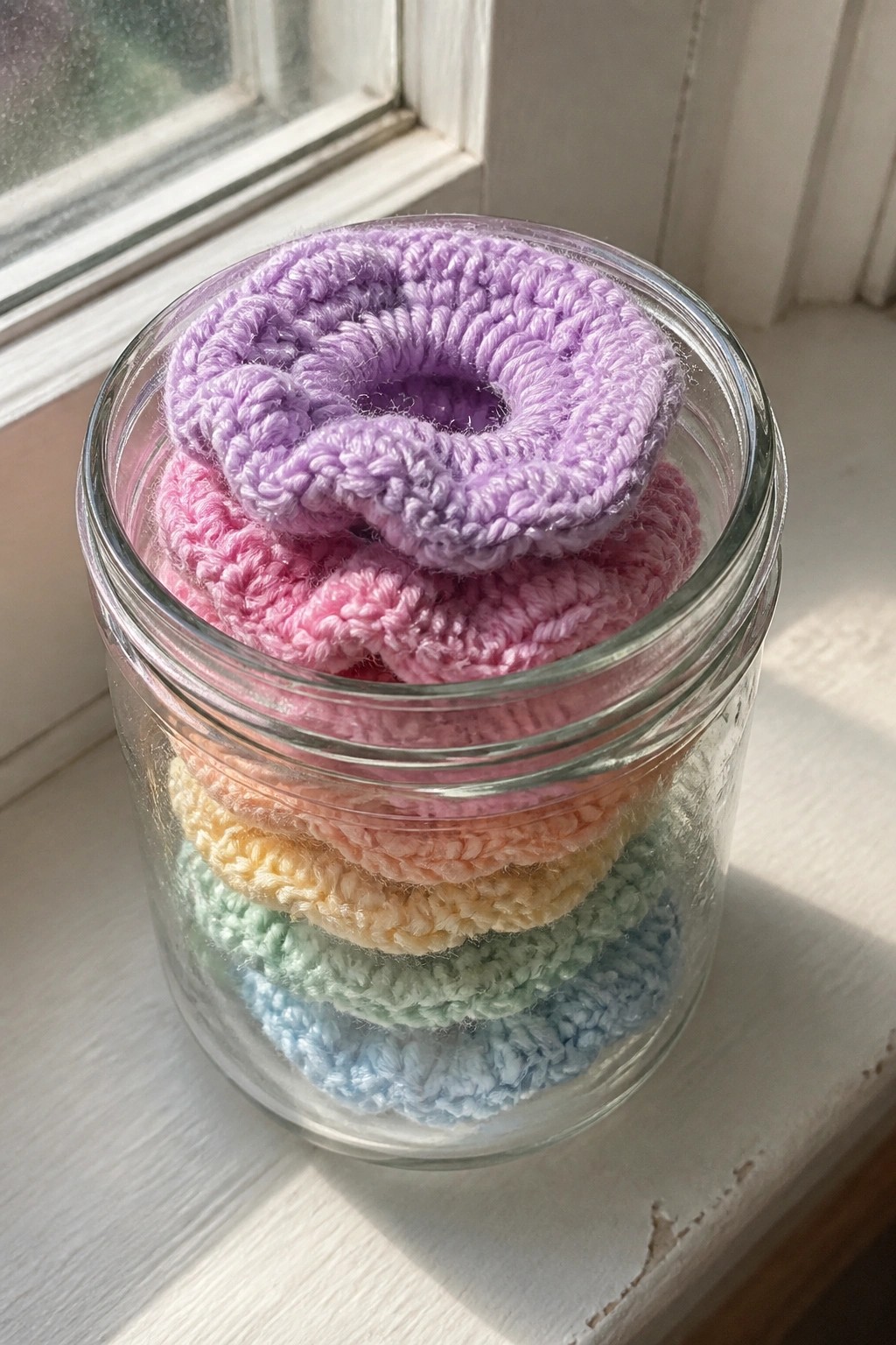 Glass jar of stacked pastel rainbow crocheted scrunchies on a sunny windowsill