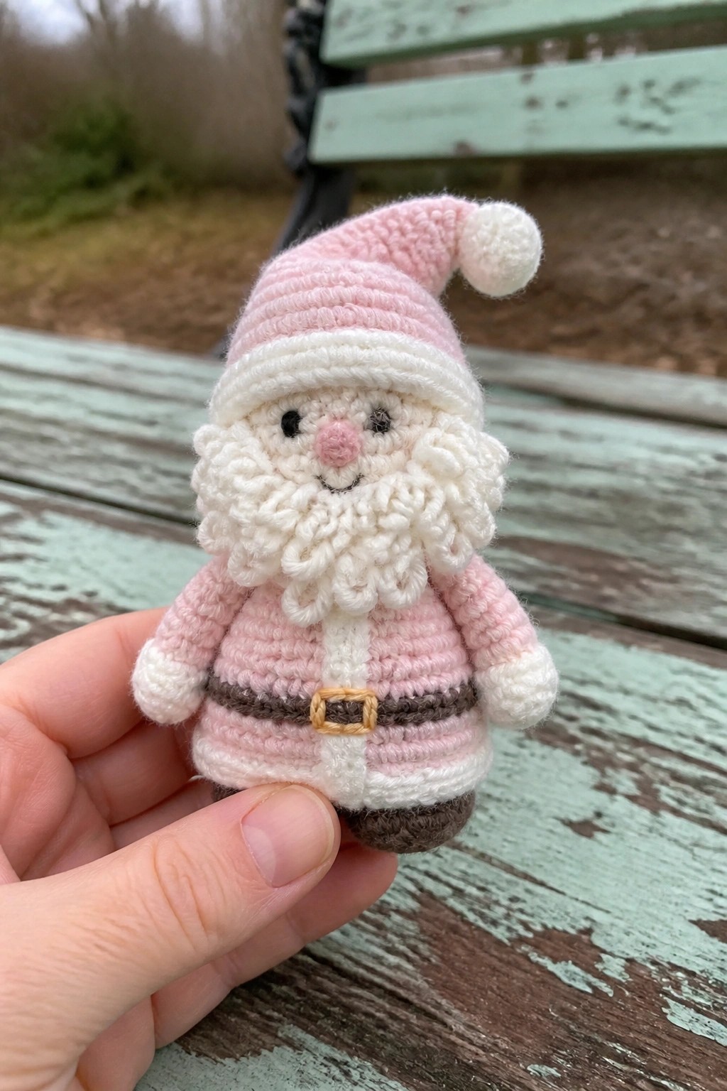 Hand holding crocheted pink Santa doll on weathered green wooden bench.