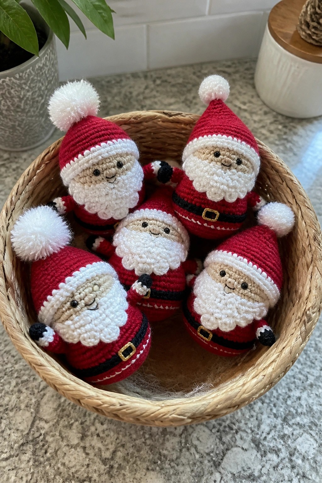 Crocheted Santa dolls in red suits with white beards inside a wicker basket.