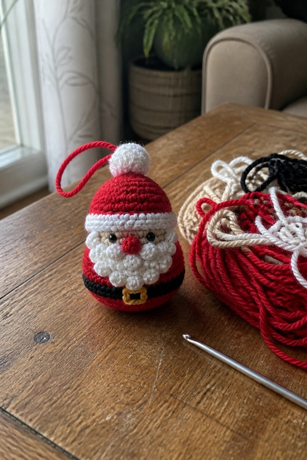 Crocheted Santa Claus ornament with beard beside red yarn and crochet hook on table