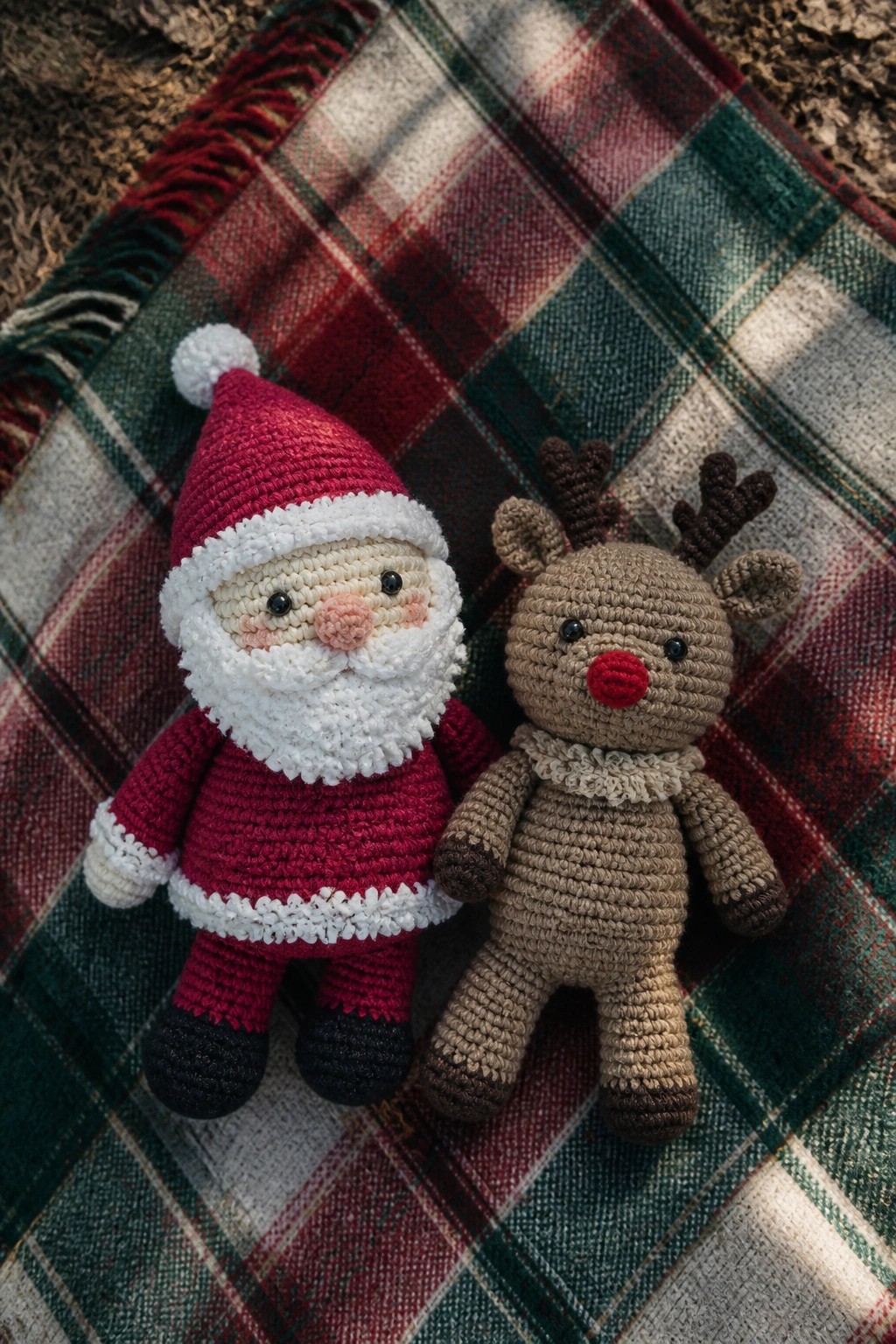 Crocheted Santa in red suit beside brown reindeer on plaid blanket.