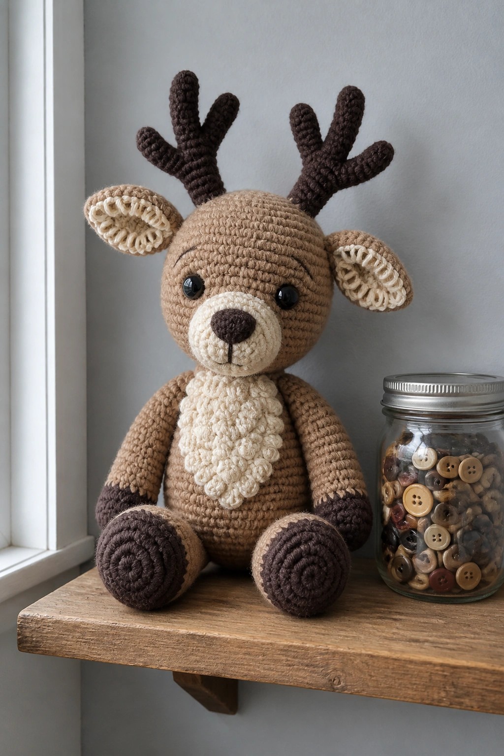 Crocheted tan reindeer with antlers sits beside jar of buttons on wooden shelf.
