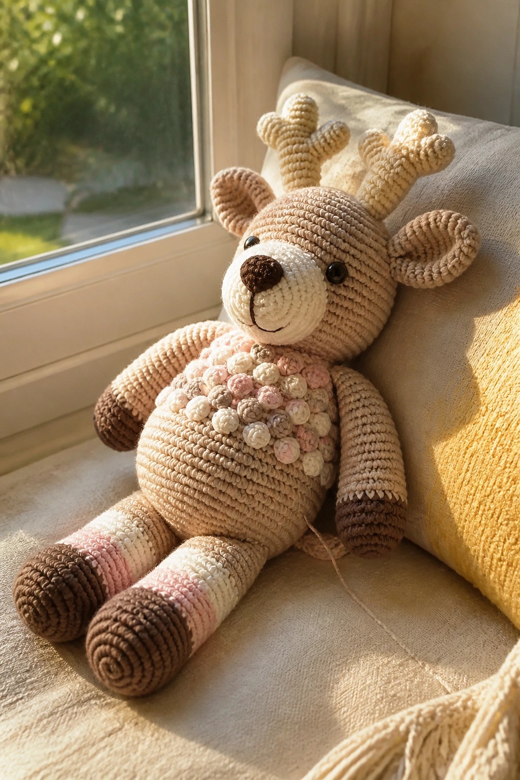 Crocheted reindeer plush with striped legs and antlers on a sunlit windowsill.
