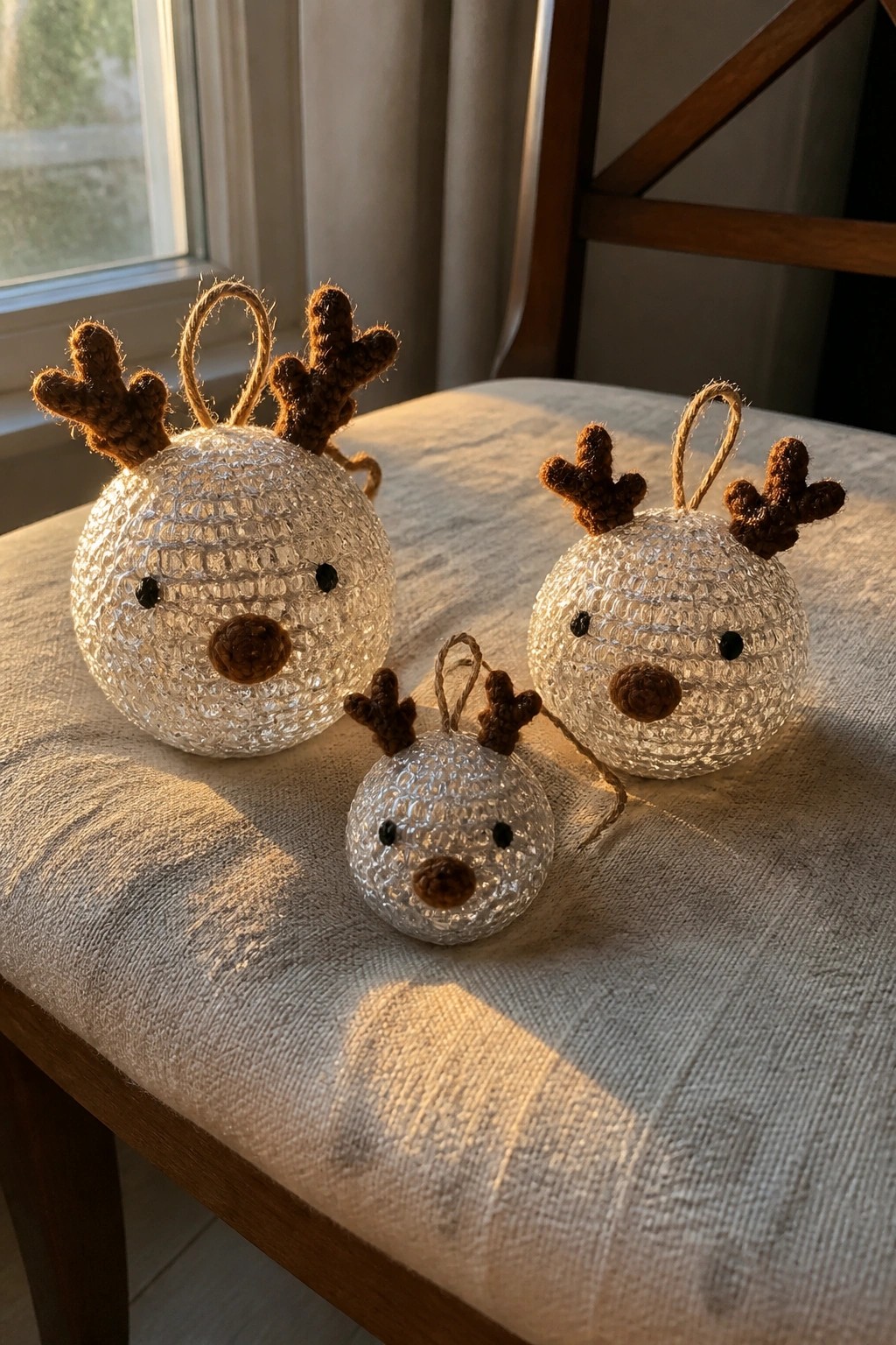 Three crocheted reindeer ornaments with antlers on sunlit fabric seat