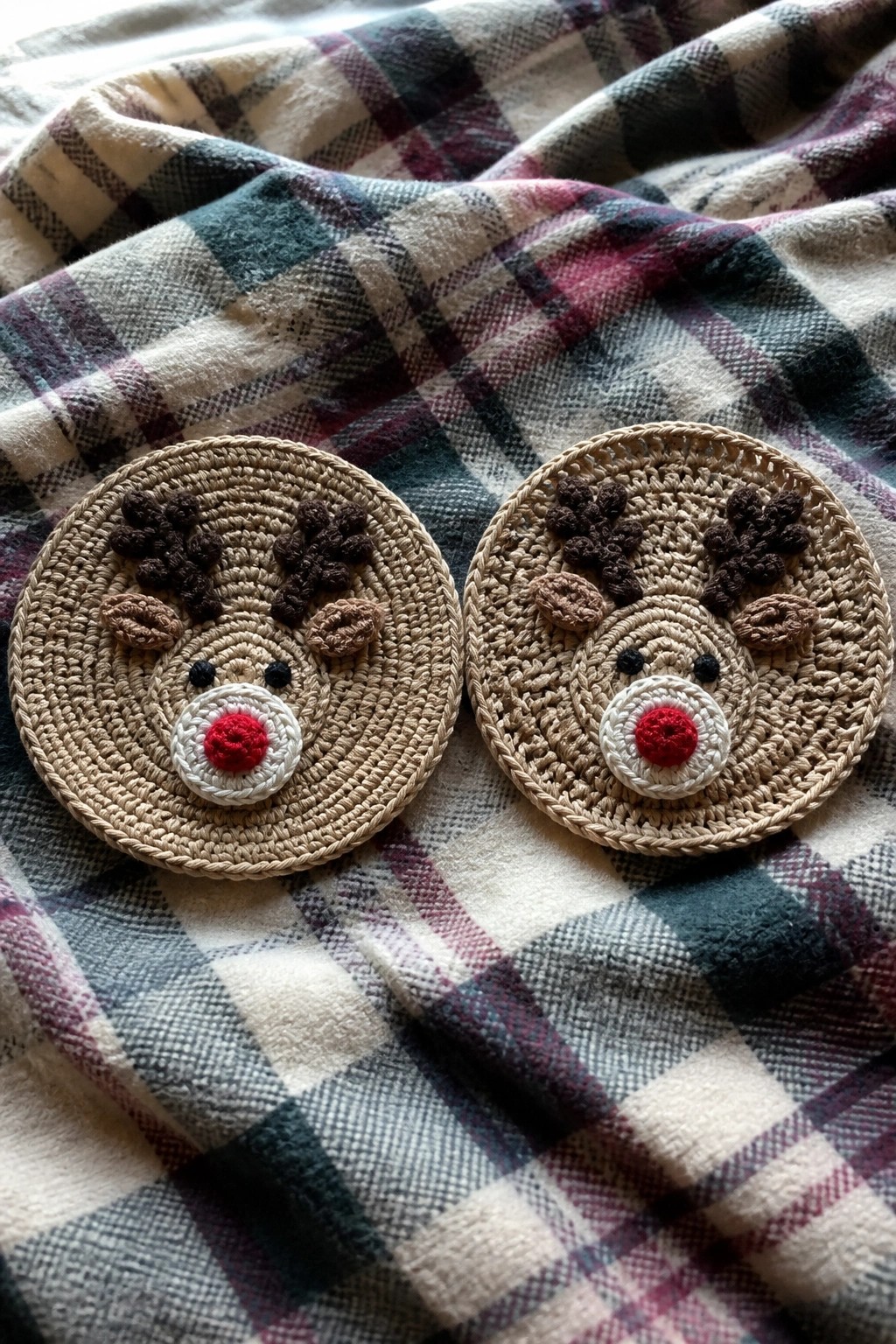 Two round crocheted reindeer coasters with brown antlers and red noses rest on plaid fabric.