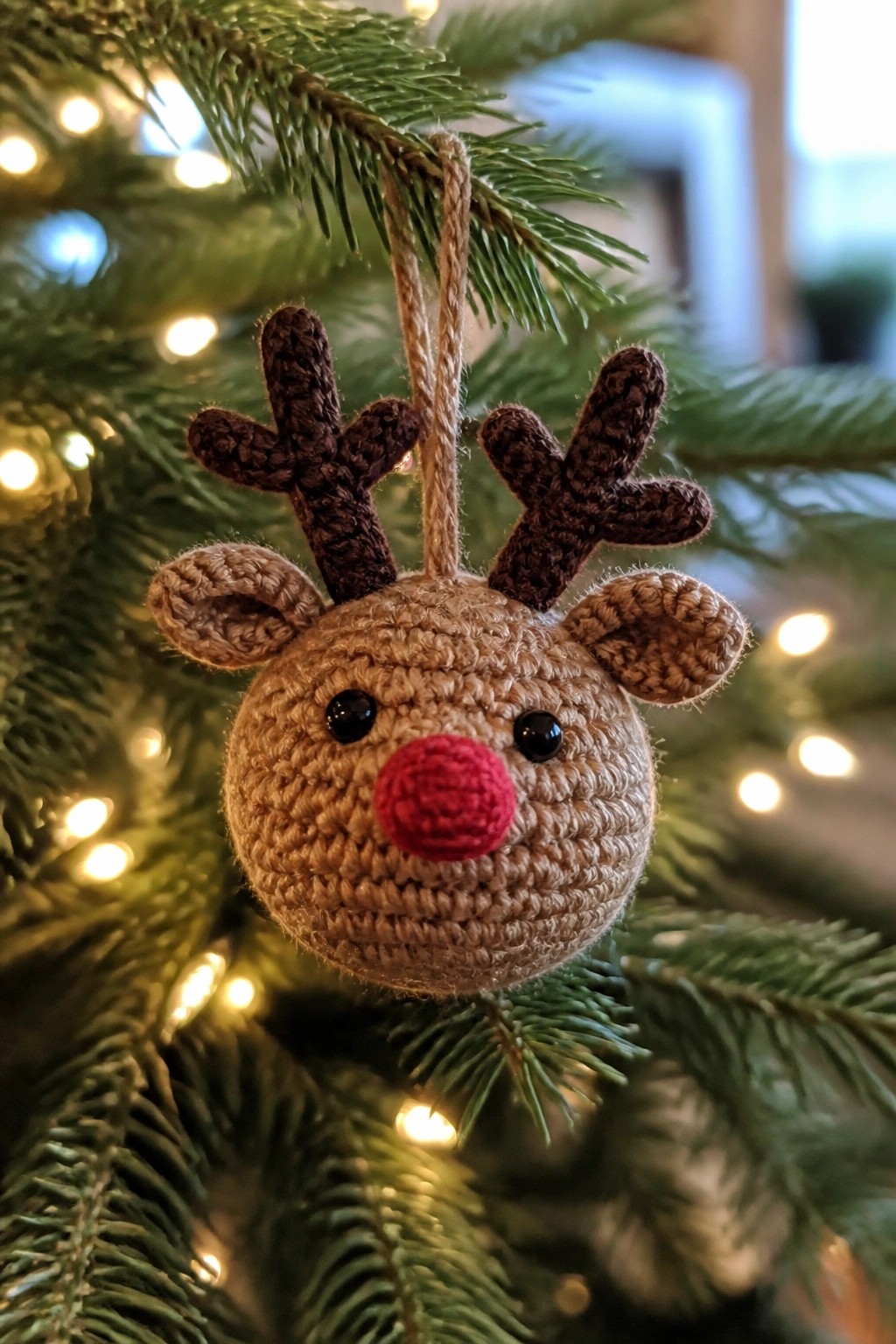 Crocheted reindeer ornament with red nose and antlers on lit Christmas tree.