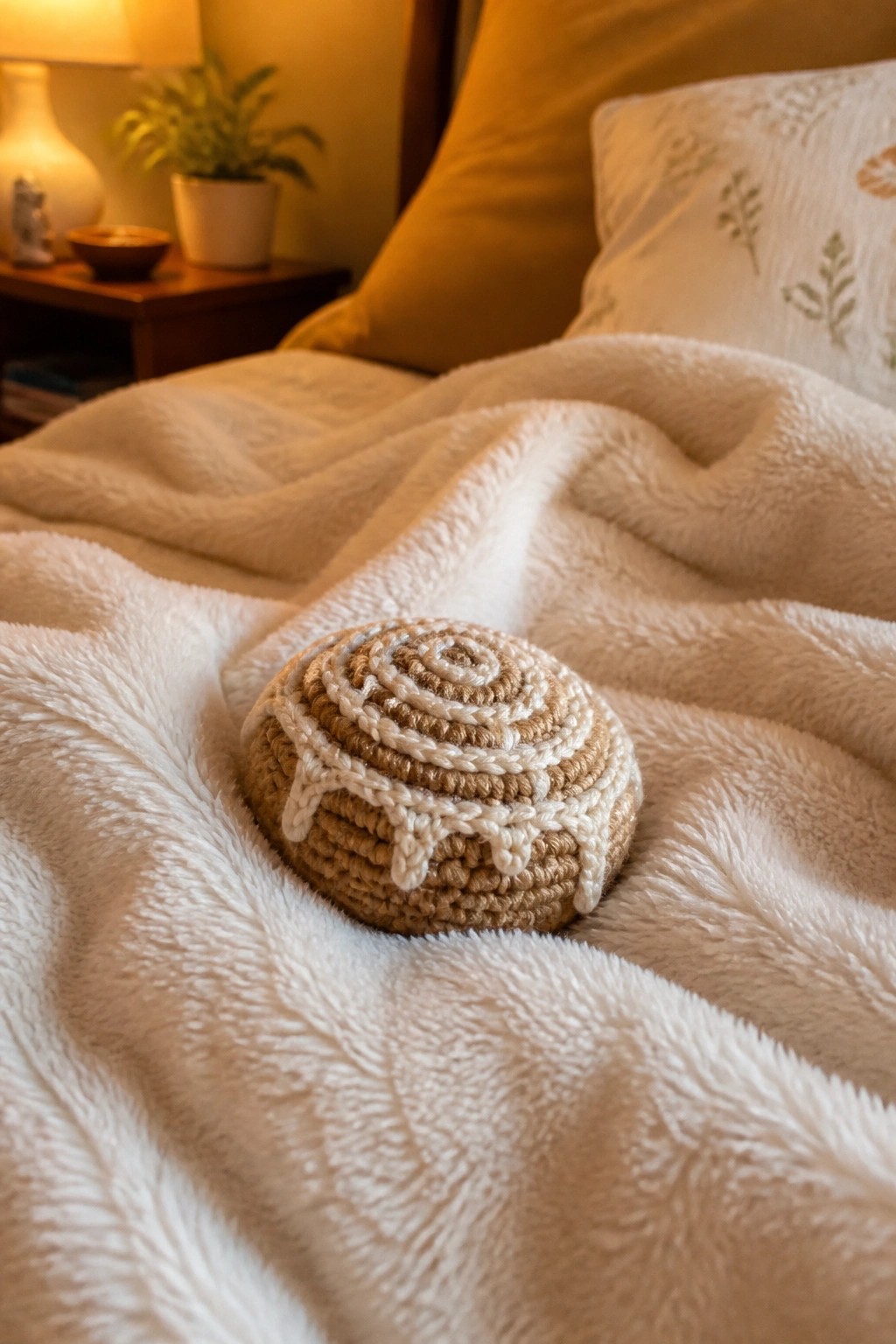 Beige and white crocheted spiral bowl on fluffy white blanket in bedroom
