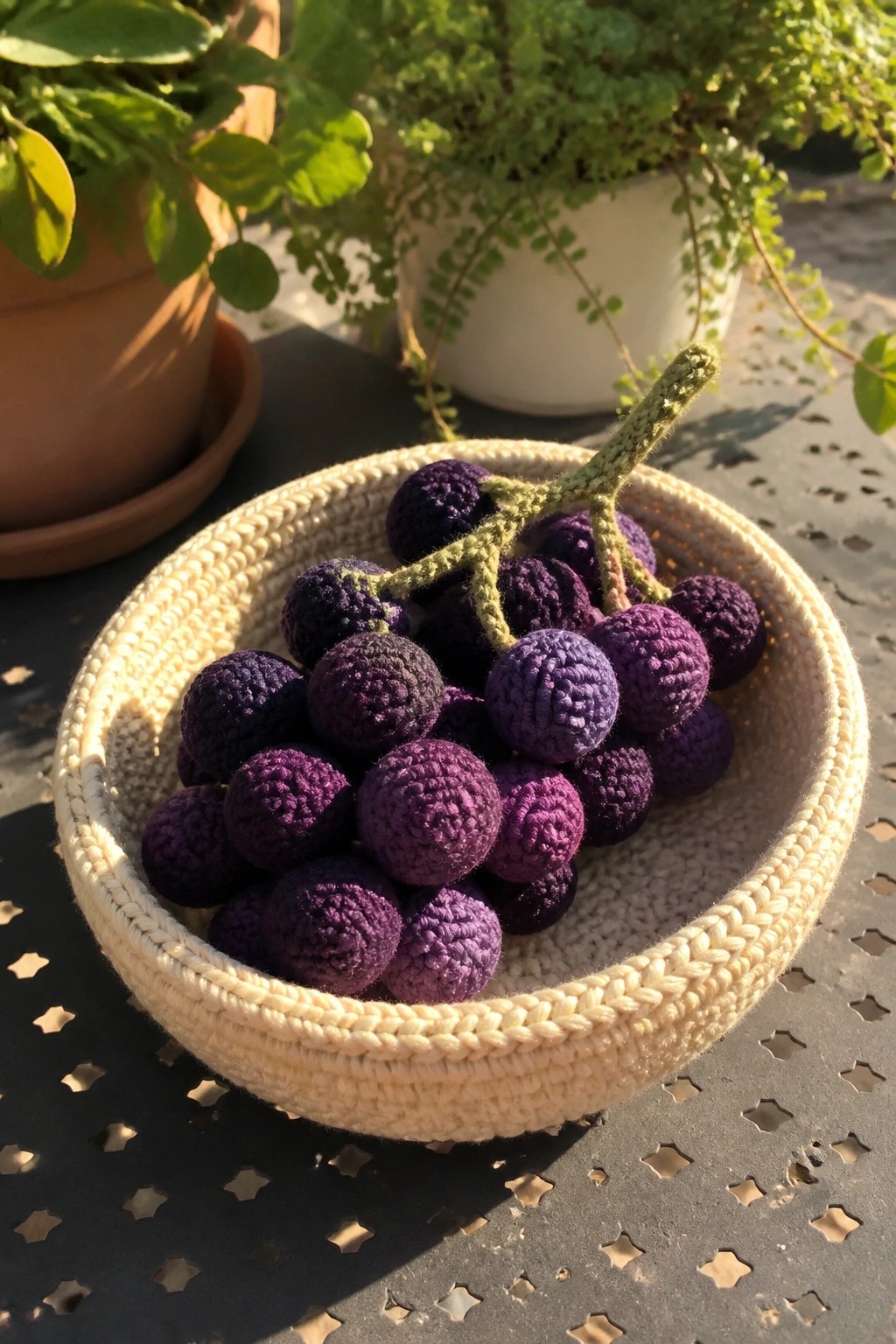 A crocheted bunch of purple grapes with a green stem rests inside a light woven basket on a perforated metal table.