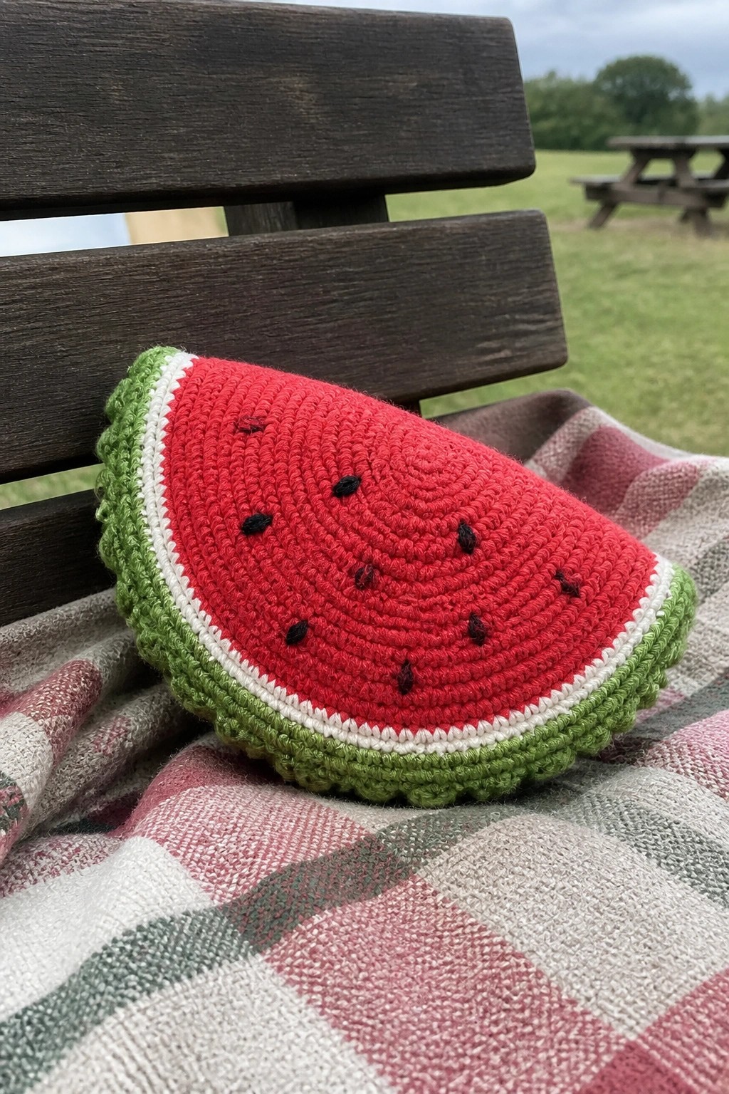 Crocheted watermelon slice on plaid blanket over wooden park bench outdoors