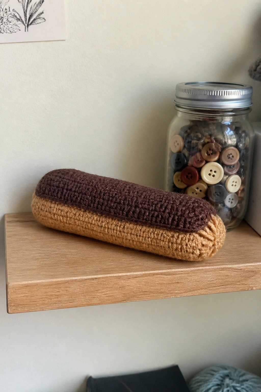 Tan and brown crocheted pouch on wooden shelf beside button-filled jar.