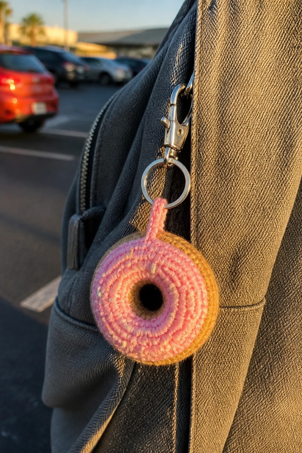 A pink and tan crocheted donut keychain hangs from the zipper pull of a gray bag.