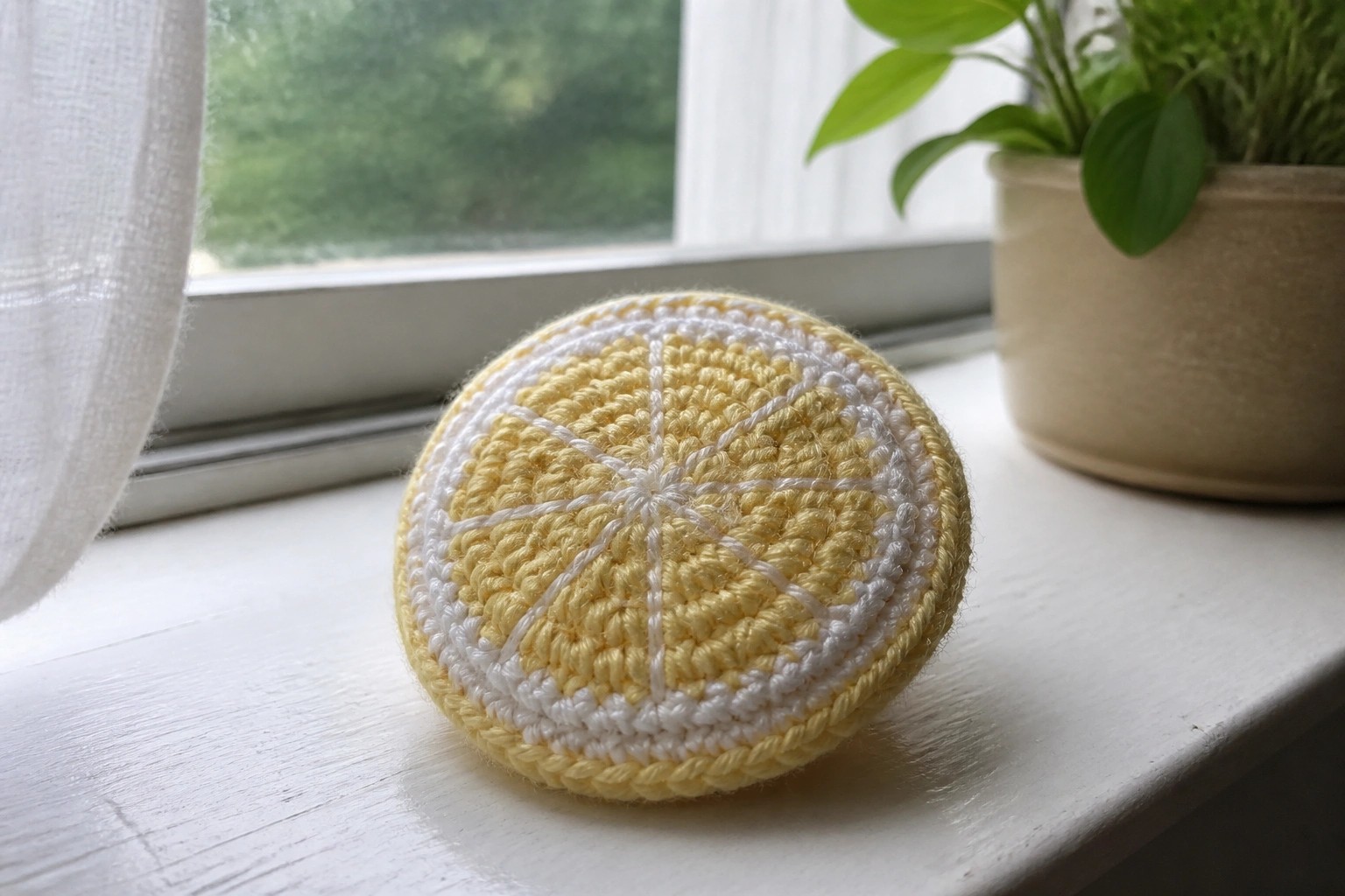 Yellow and white crocheted lemon slice coaster on white windowsill near potted plant.