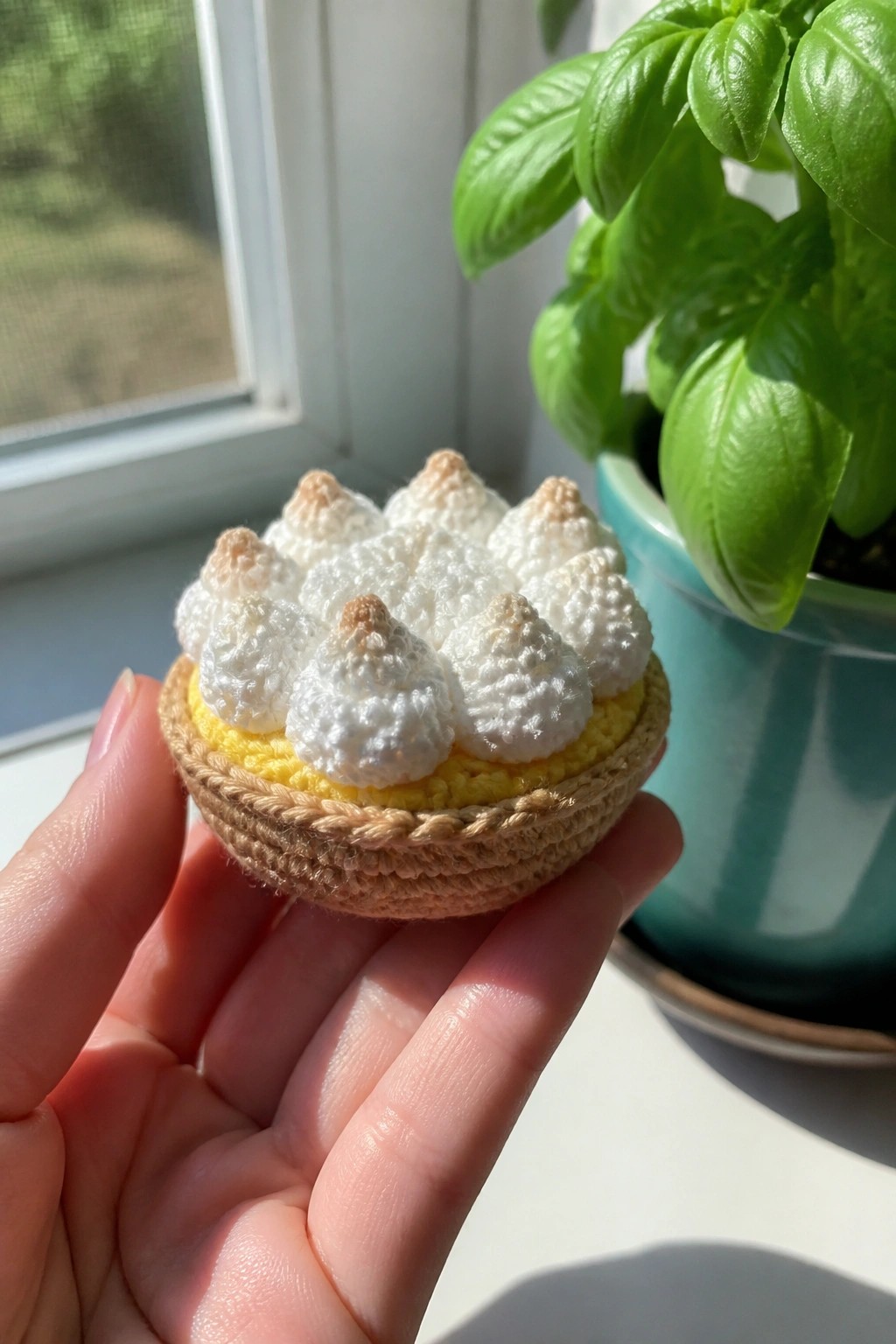 Hand holding crocheted lemon meringue tart with yellow filling and white peaks