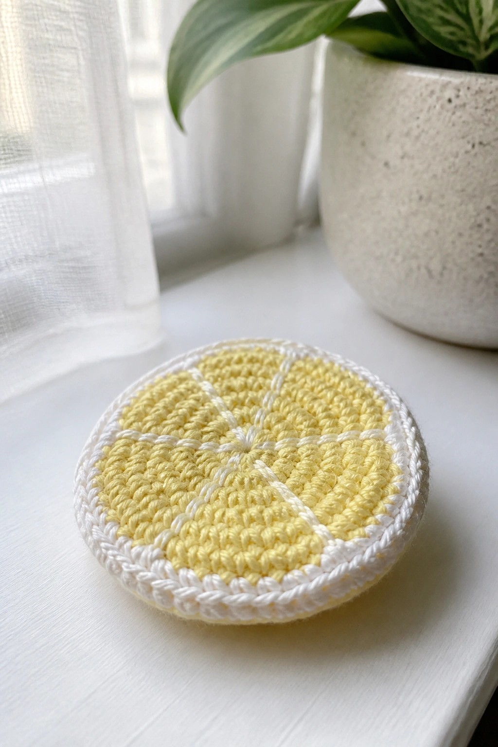 Yellow and white crocheted lemon slice coaster on white windowsill near potted plant.