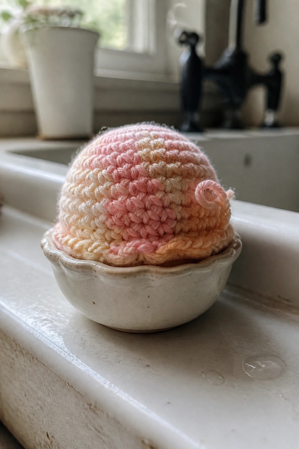 Ombre pink crocheted hat with curl in white ceramic bowl on sink